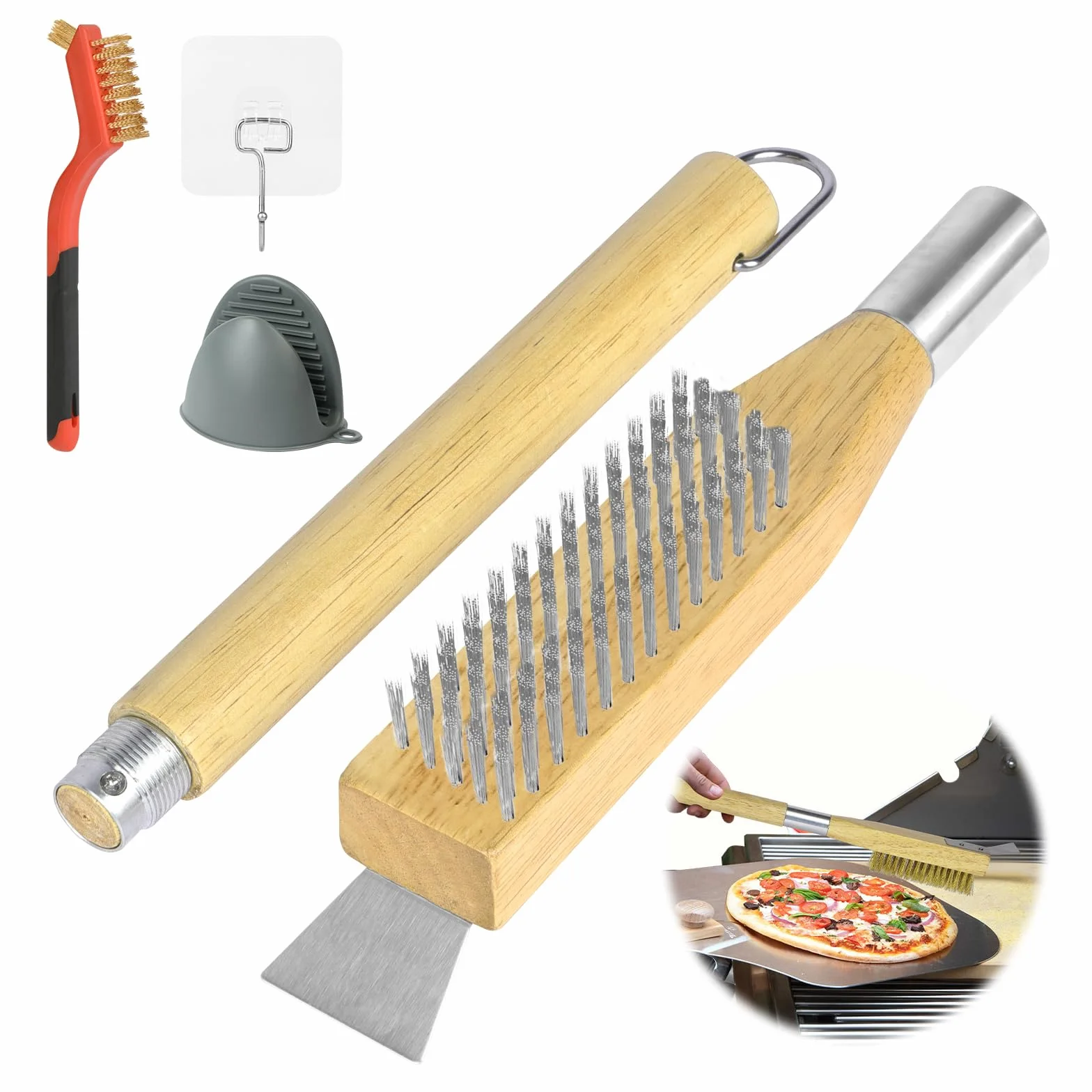 OFFCUP szczotka do pieca do pizzy 50 cm ze stalowym skrobakiem i odpornym na zarysowania mosiężnym włosiem szczotką do grilla, drewniany uchwyt zestaw szczotek do kamienia do pizzy szczotka do