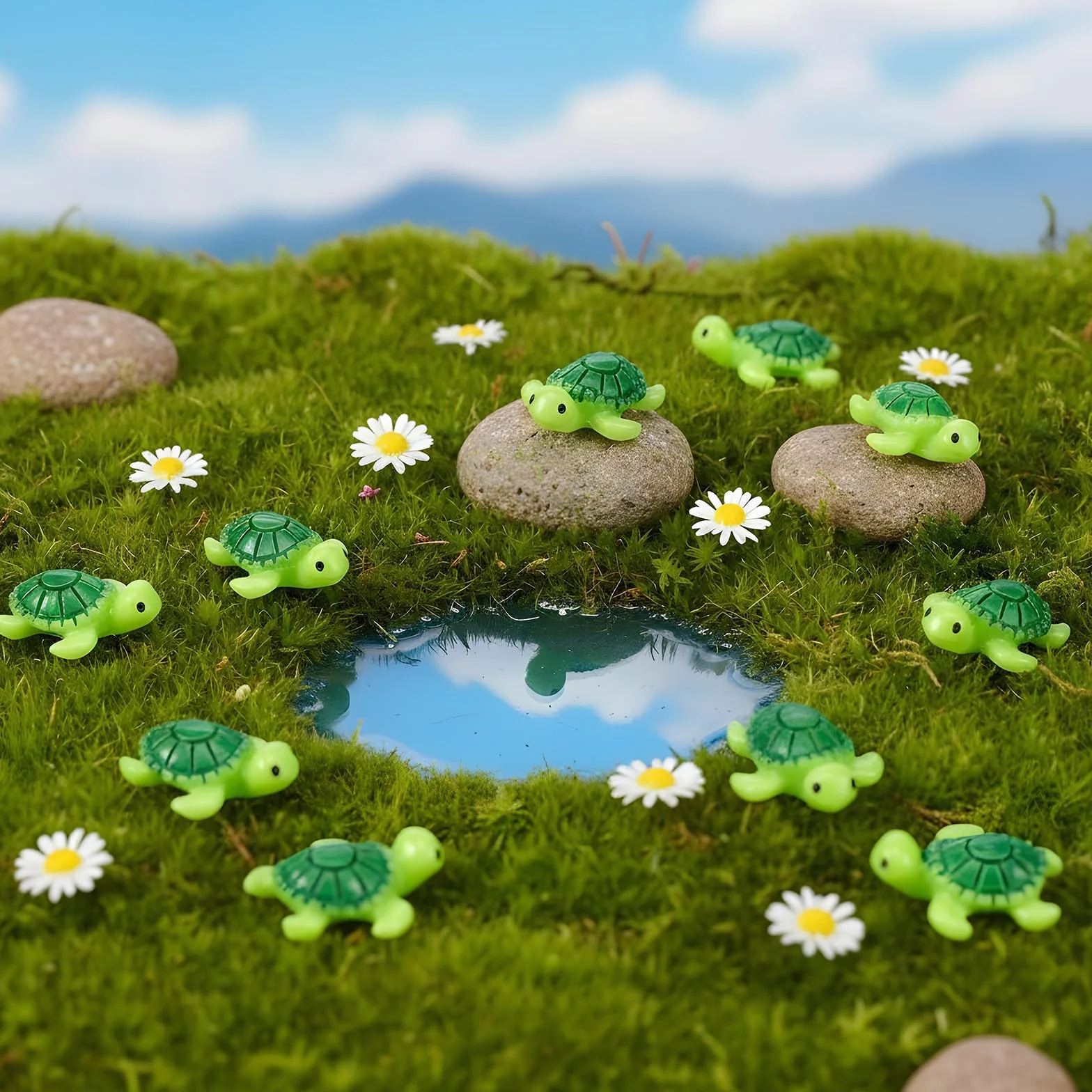 Miniaturowe żółwie, zielone figurki małego żółwia, dekoracja mini żółwia, urocze miniaturowe figurki żółwia morskiego, małe statuetki żółwia oceanicznego do ogrodu, wróżki, mikro krajobrazu, roślina