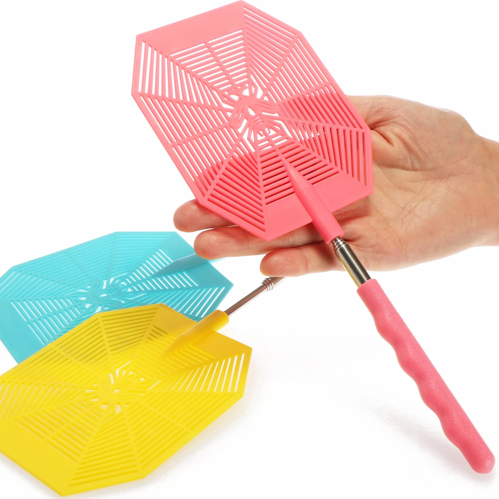 COM-FOUR® 3x packa na muchy z teleskopem, wysuwana 27-58 cm, teleskopowa packa do odstraszania much, os, komarów i innych owadów - stabilna packa na owady (003 sztuk niebieski zólty rózowy)