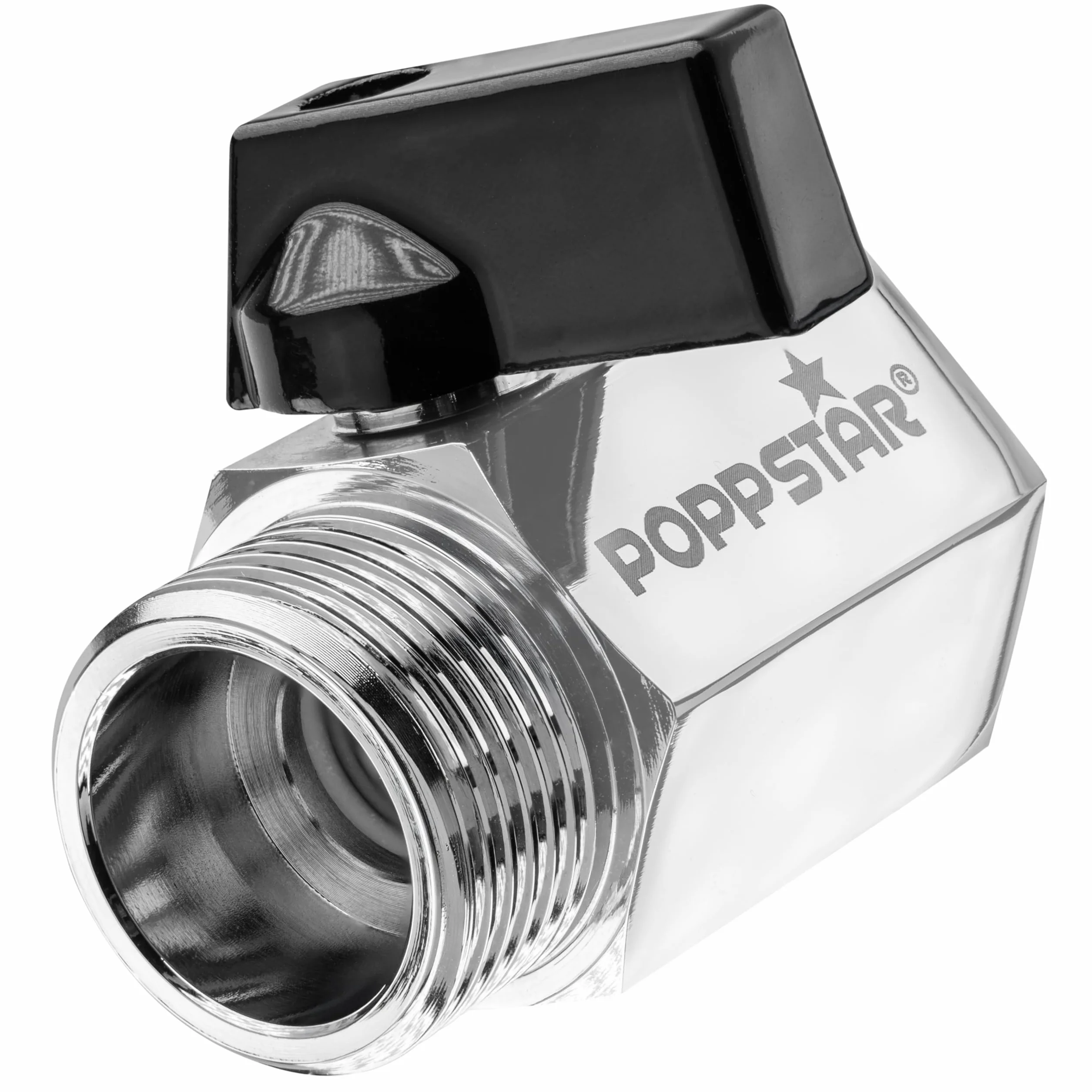 Poppstar mini kran kulowy 3/4 cala (gwint wewnętrzny 24,12 mm na gwint zewnętrzny 26,44 mm), mosiądz, chromowany