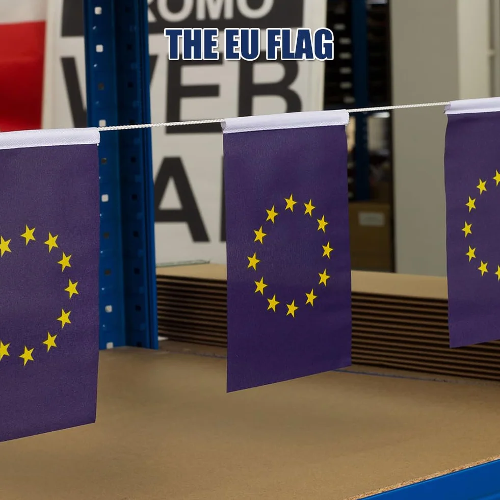 Flaga Unii Europejskiej, mała flaga Unii Europejskiej, łańcuch flagowy Unii Europejskiej, girlanda europejska, na zawody, parady, karnawał, imprezę, 14 x 21 cm, 6 m, 20 sztuk