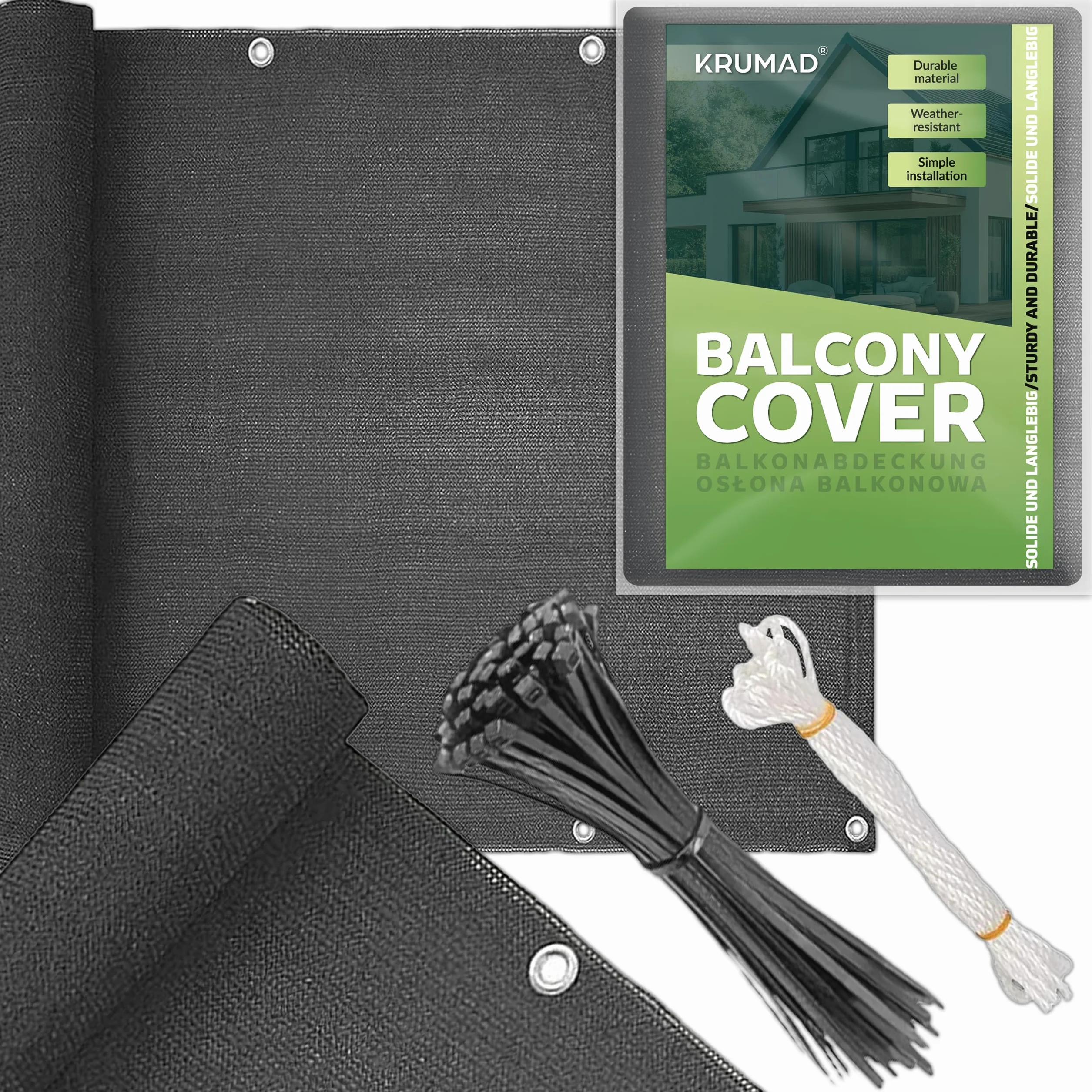 KRUMAD Osłona Balkonowa 1m x 5m, 95% Zacienienia, Ochrona Prywatności, PEHD 180g/m², Wodoodporna, Aluminiowe Przelotki, Trytytki, Sznurek
