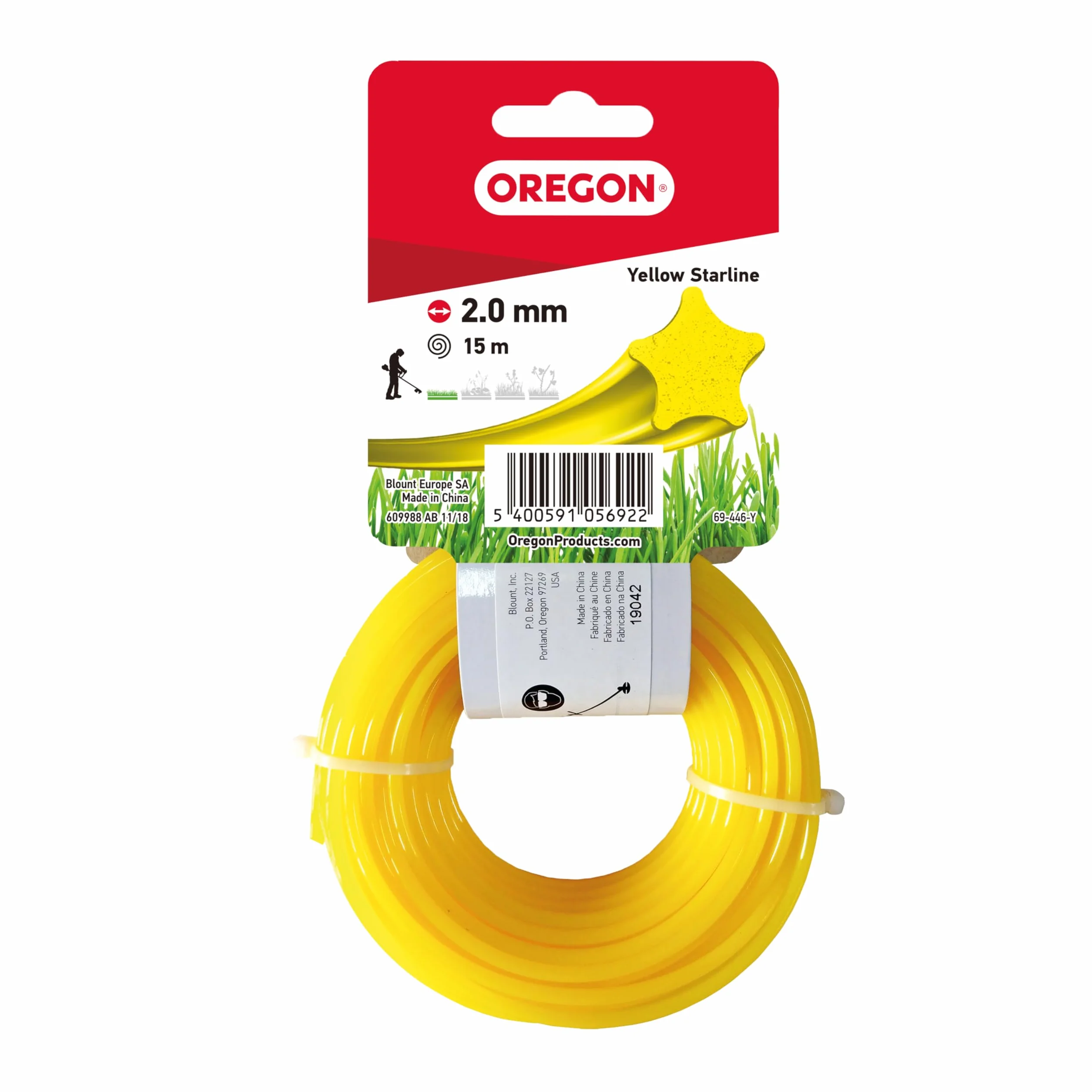 Oregon, Żyłka Tnąca do Podkaszarek i Wykaszarek Oregon, 5 Ostrych Krawędzi, Średnica Żyłki 2 mm, Długość 15 m, Profesjonalny Nylon, Kształt Gwiazdy, Kolor Żółty (‎69-446-Y)