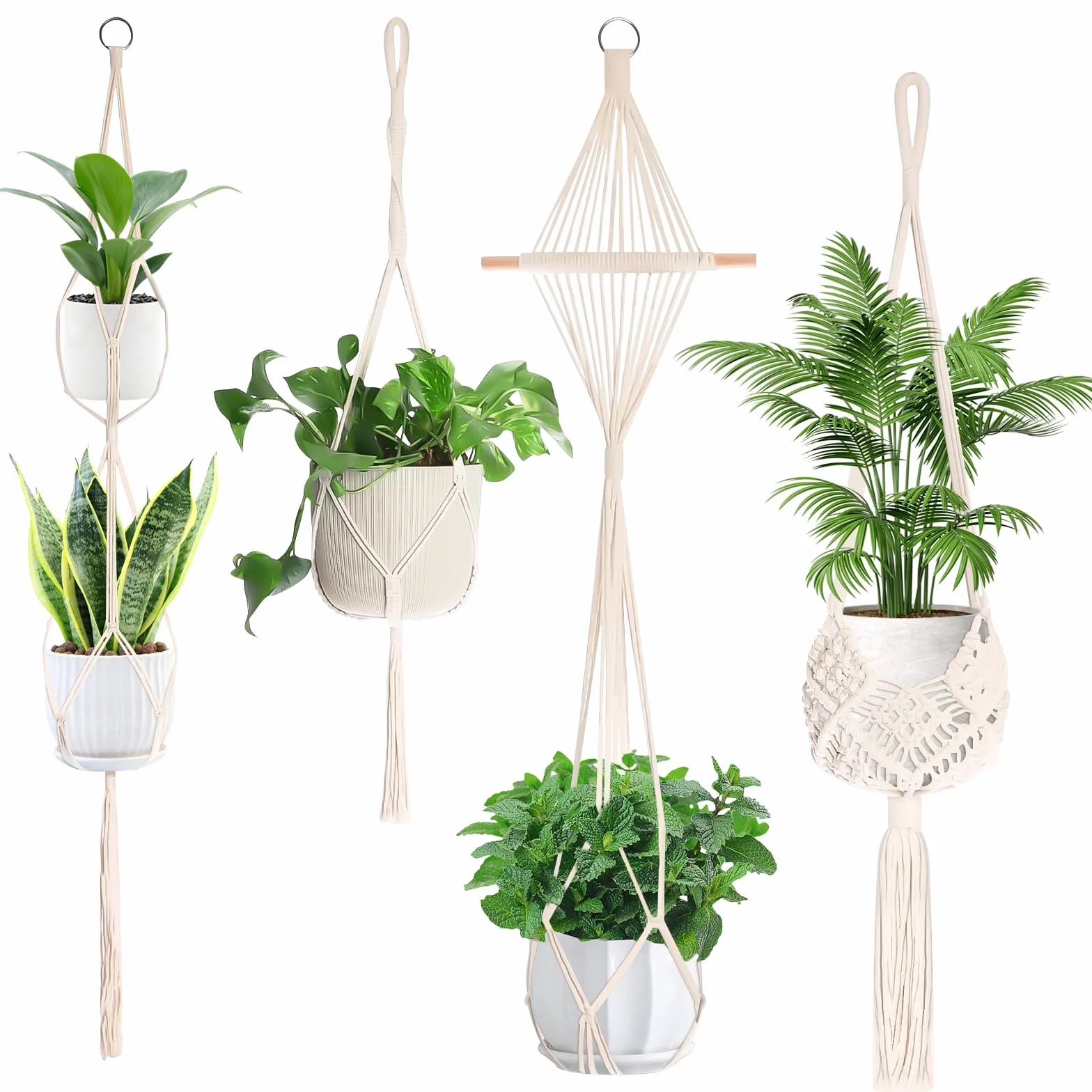 AKONE Makrama, wisząca wisząca makrama, makrama, dekoracja ścienna z haczykami, doniczka wisząca na rośliny, styl boho, wisząca doniczka do ogrodu, na balkon, dekoracja ścienna, 4 sztuki