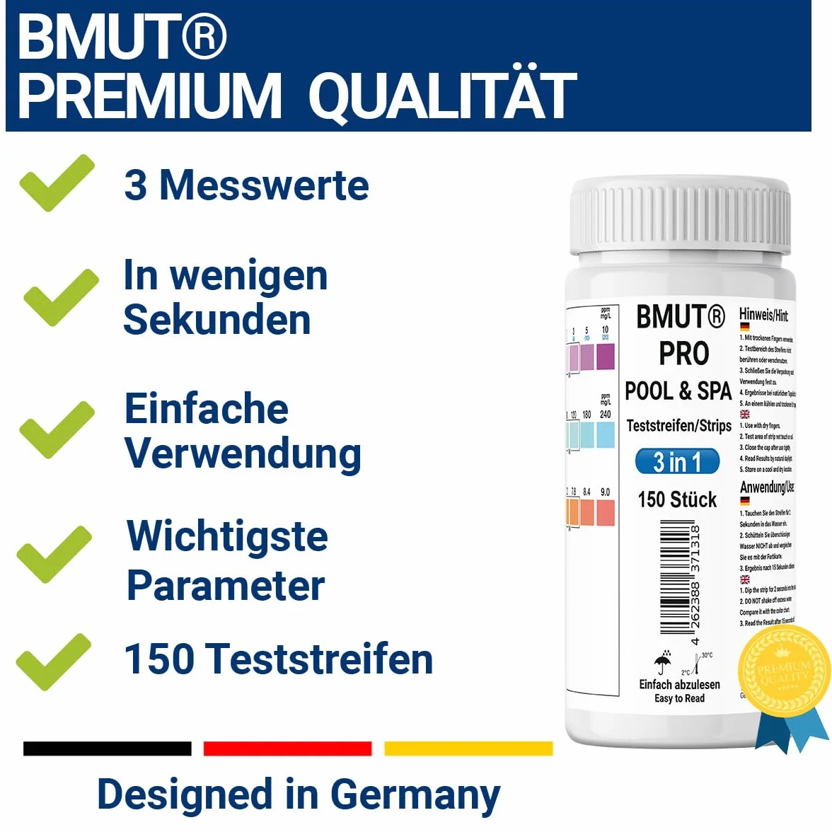 Paski testowe do basenu 3 w 1, tester wody do wolnego chloru, bromu, pH