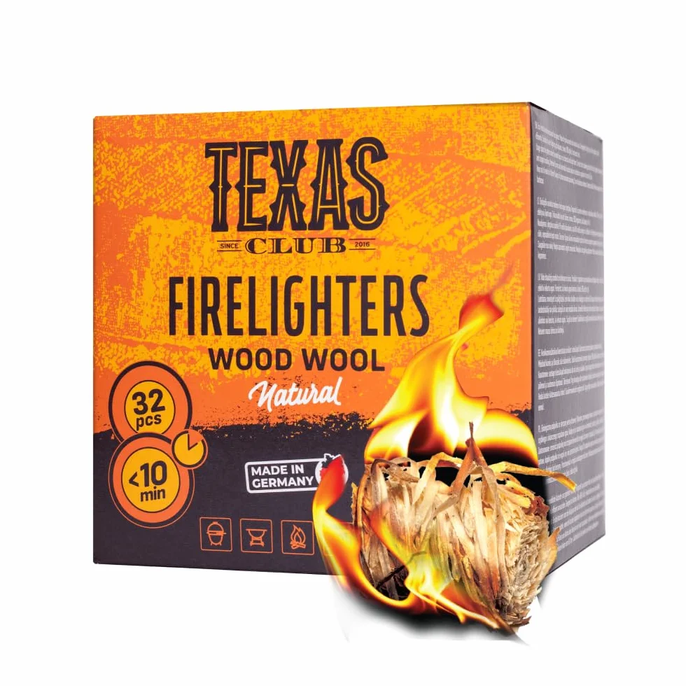 Texas Club Wood Wool Ekologiczne podpałki z przędzy i naturalnej wełny drzewnej do pieców, grilli, kominków, ognisk | Bezpieczny i łatwy w użyciu, długotrwałe spalanie, 32 sztuki