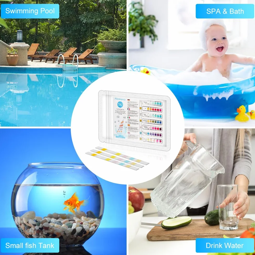 Flintronic 50 sztuk testerów wody basenowej, 7 w 1, paski testowe do pomiaru całkowitej twardości, chloru całkowitego, bromu, wolnego chloru, pH, kwasu cyjanurowego (stabilizator) i całkowitej