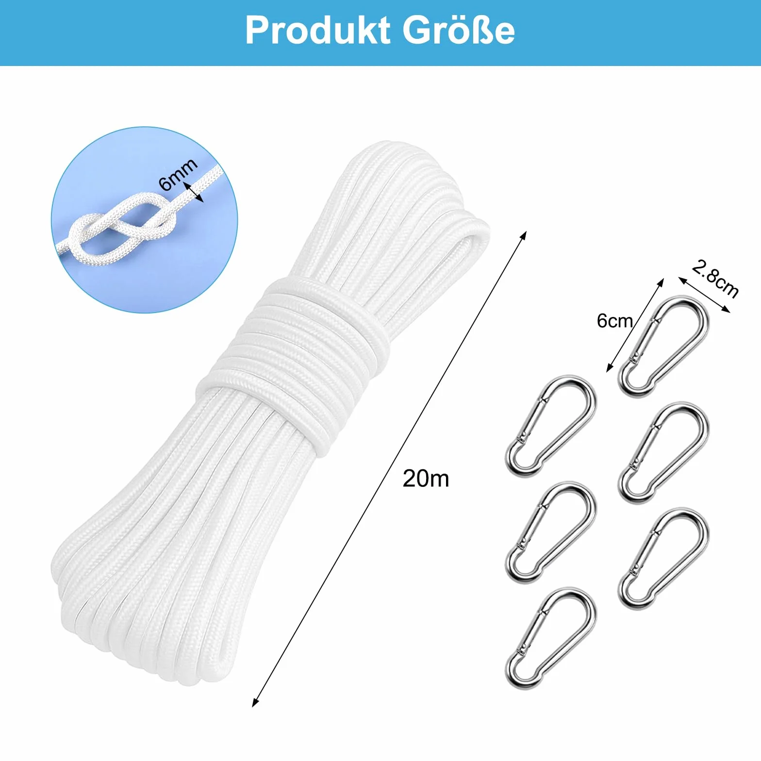 APOMOONS Corde Pour Drapeau 20 m 6 mm Polyester Résistant Avec Crochets Métal Jardin Camping Blanc