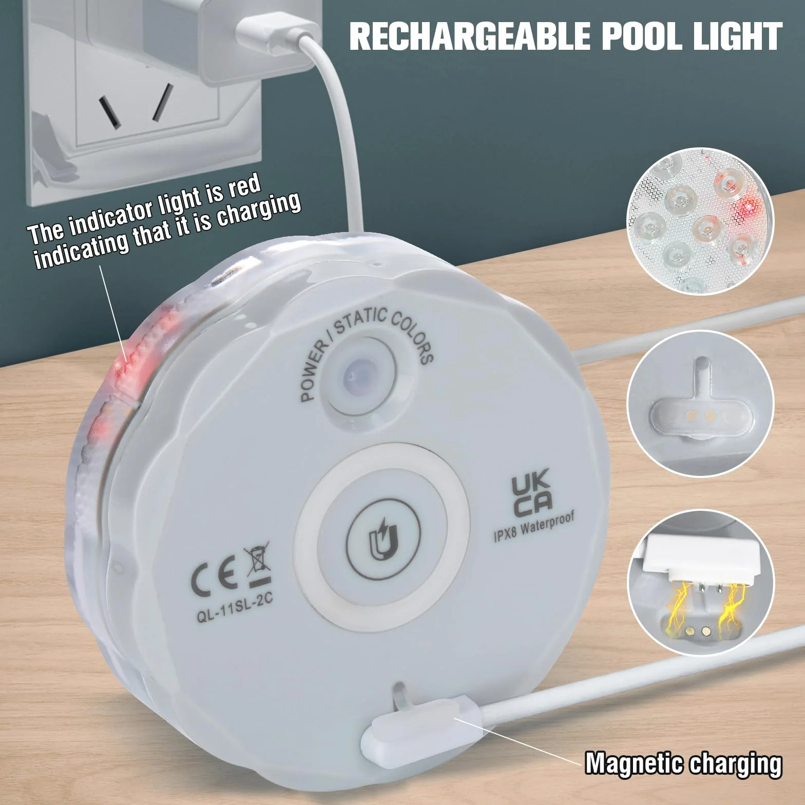 Qoolife USB Rechargeable Underwater Light Wireless Signal WRGB 3.3" Magnetic Colourful LED Submersible Lights for Bathtub, Aquarium, Pool, Pond, Decor, Spa, Christmas -1 sztuka