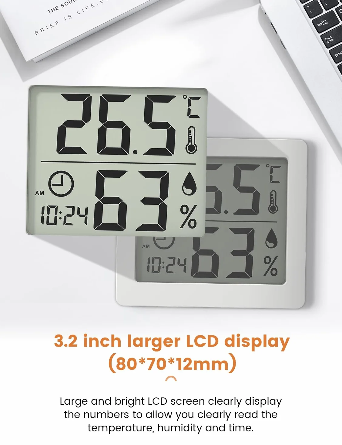 Higrometr wewnętrzny termometr 3,1 cala Duży ekran LCD Monitor temperatury i wilgotności otoczenia Termohigrometr z zegarem (biały)