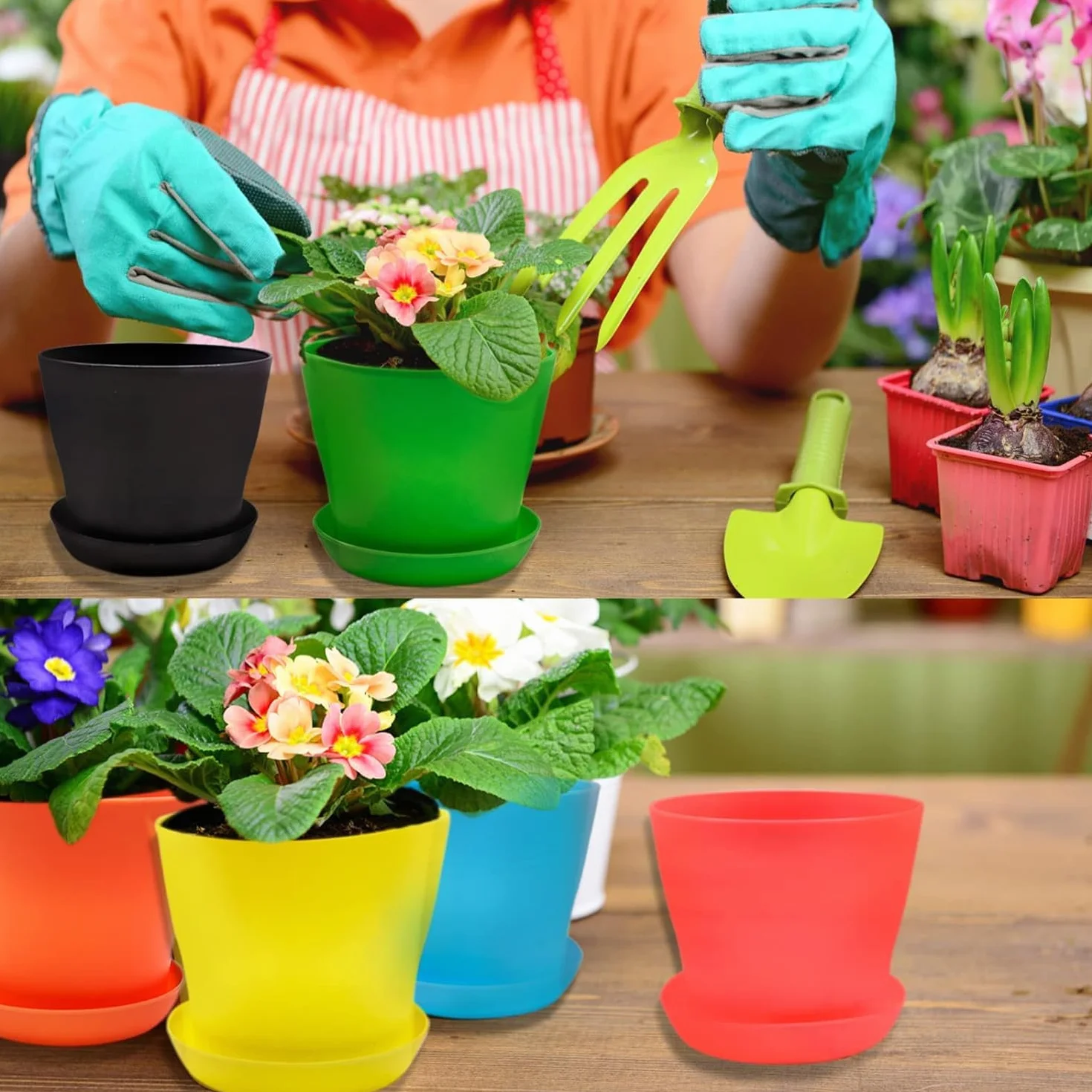 10 małych doniczek z podstawką, 10 cm, plastikowe, dekoracyjne doniczki na rośliny, kolorowe, mini doniczki z tworzywa sztucznego, zestaw małych doniczek do użytku wewnątrz i na balkon