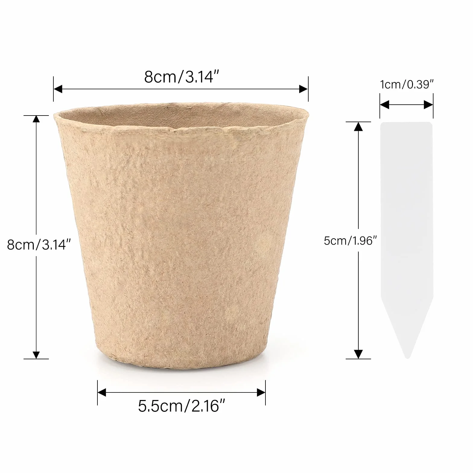 KINGLAKE 100 szt. 8 cm doniczki z włókna, biodegradowalne doniczki na sadzonki z 100 szt. plastikowych etykiet na rośliny, 1 x 5 cm