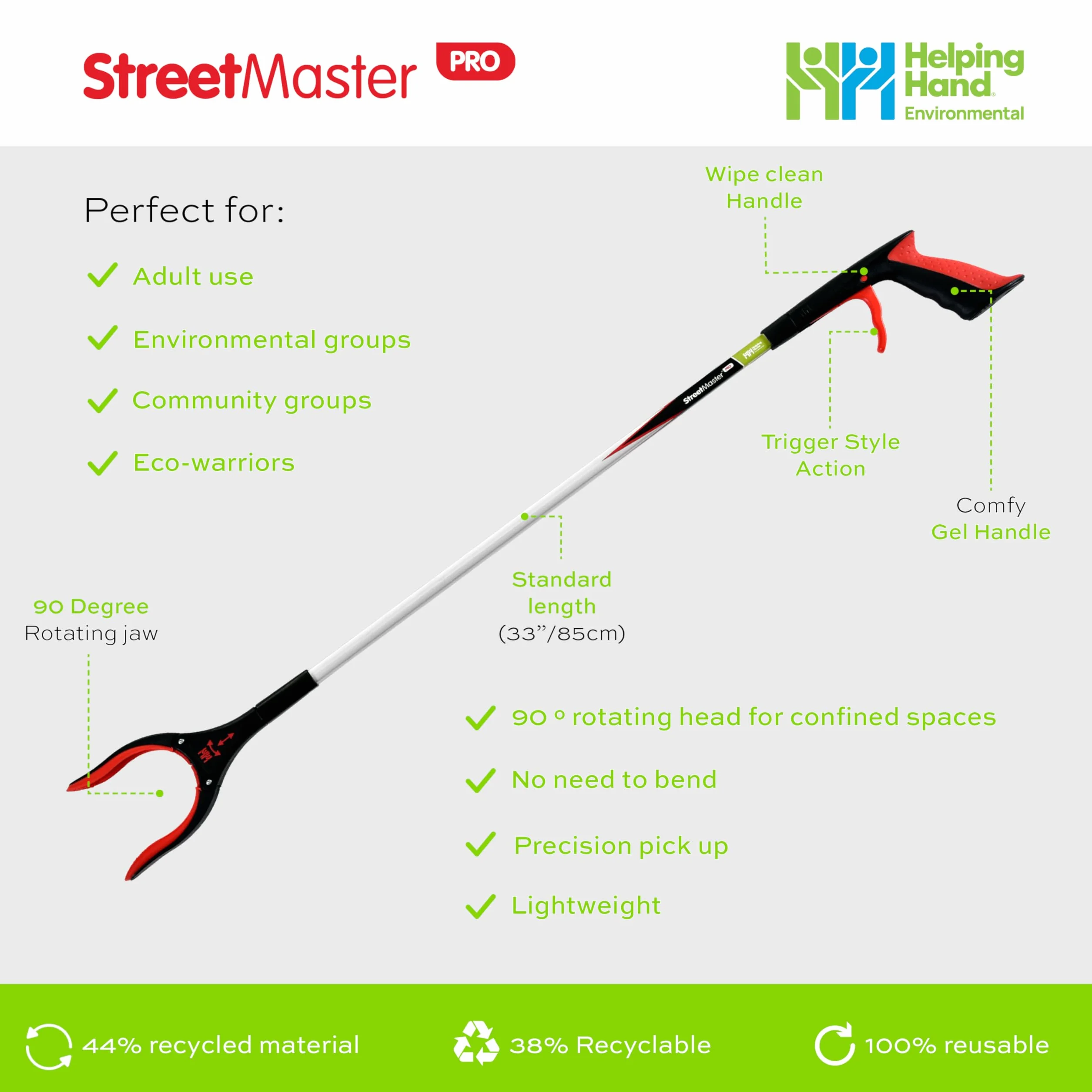 The Helping Hand Company Streetmaster PRO Heavy Duty zbieracz śmieci 33"/85 cm. Długi zbieracz śmieci dla dorosłych. Wielofunkcyjne narzędzie do chwytania z obrotową głowicą, łatwy chwyt, lekki