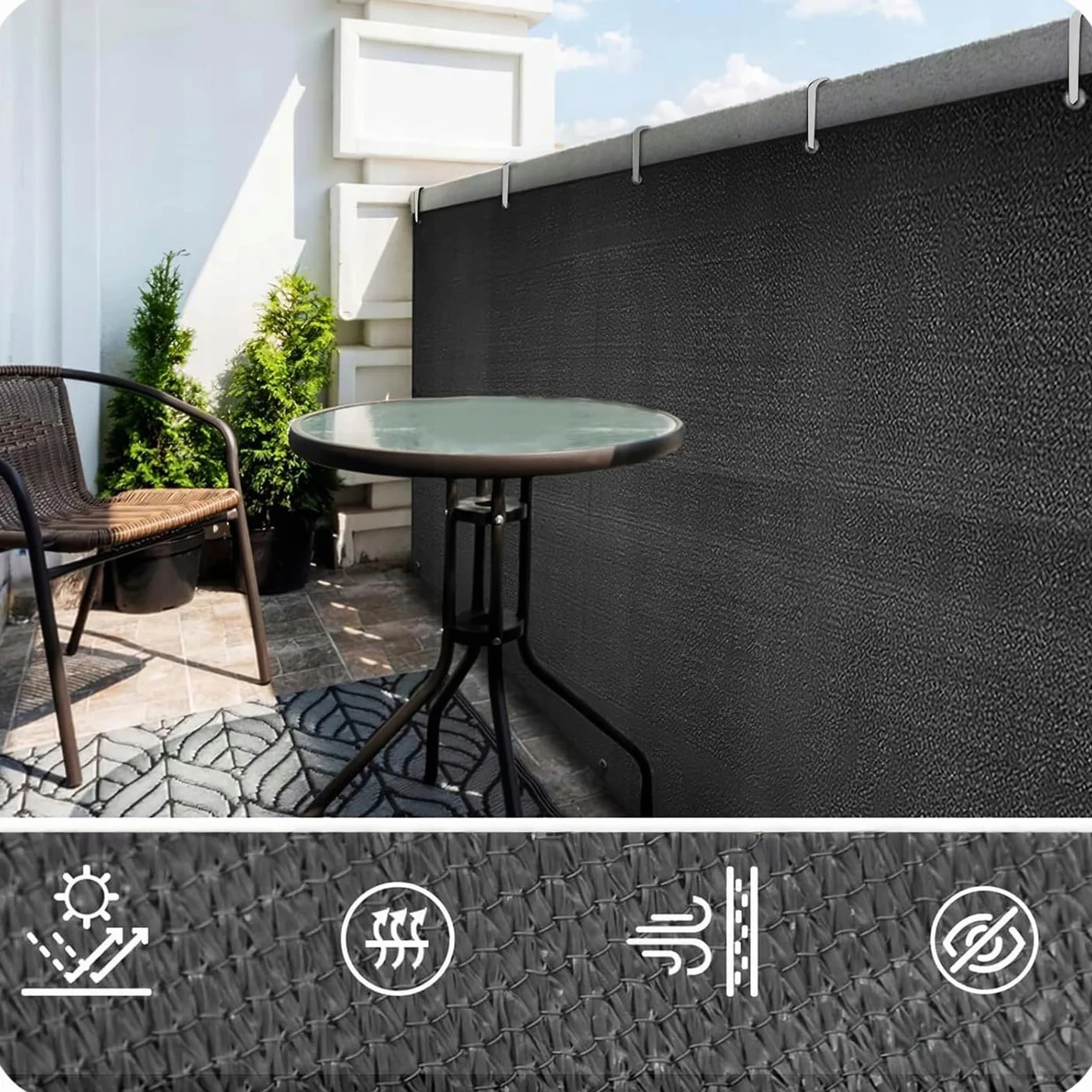 KRUMAD Osłona Balkonowa 1m x 5m, 95% Zacienienia, Ochrona Prywatności, PEHD 180g/m², Wodoodporna, Aluminiowe Przelotki, Trytytki, Sznurek