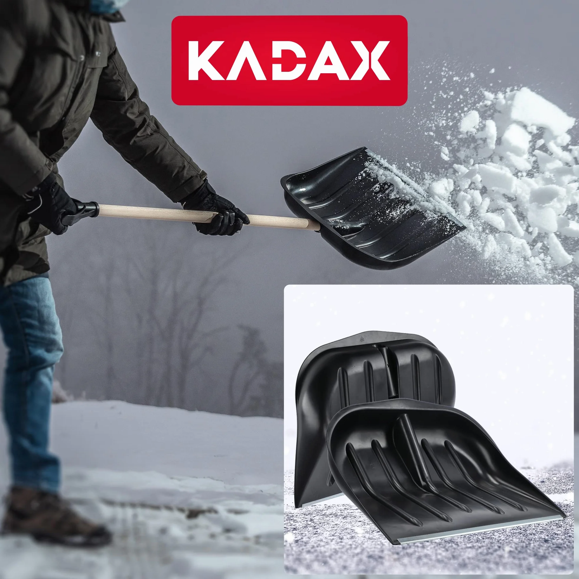 KADAX Łopata do śniegu 46 x 39,5 cm, szufla do śniegu bez trzonka, odśnieżarka z krawędzią z blachy cynkowej, szufla do śniegu z tworzywa sztucznego, odśnieżarka (1, czarna)