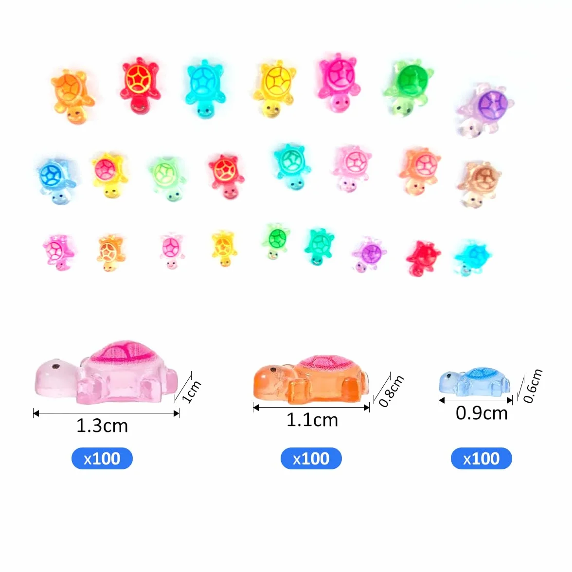300 szt. mini żółwie z żywicy do rękodzieła, 3 rozmiary, świecący mały żółw, małe urocze świecące figurki, miniaturowe morze, ocean, zwierzę do bajkowego ogrodu, mikro dekoracji krajobrazu