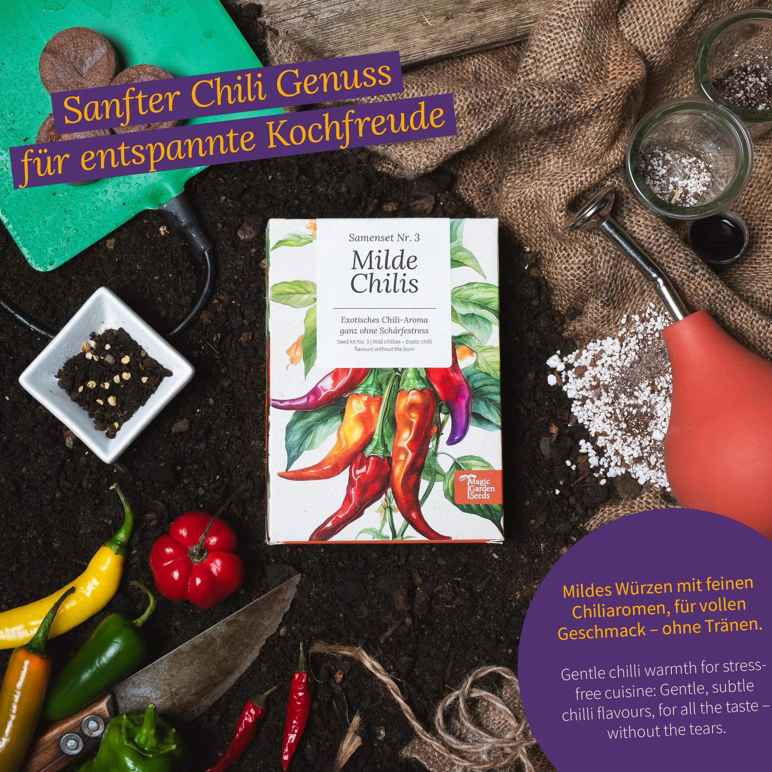 Magic Garden Seeds - Pudełko z nasionami łagodnych chili: 6 aromatycznych odmian bez stresu od ostrości - łatwe w pielęgnacji i idealne do ogrodu, na balkon i podniesioną grządkę