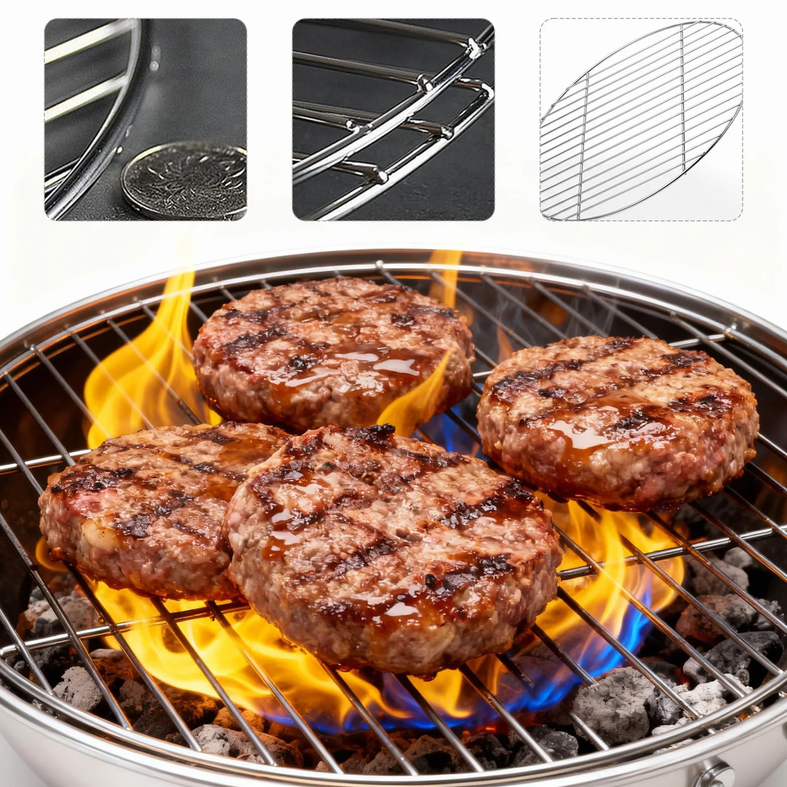 Okrągły ruszt do grillowania ze stali nierdzewnej, 34 cm, okrągły, łatwy do czyszczenia, nadaje się na kemping, piknik, do ogrodu