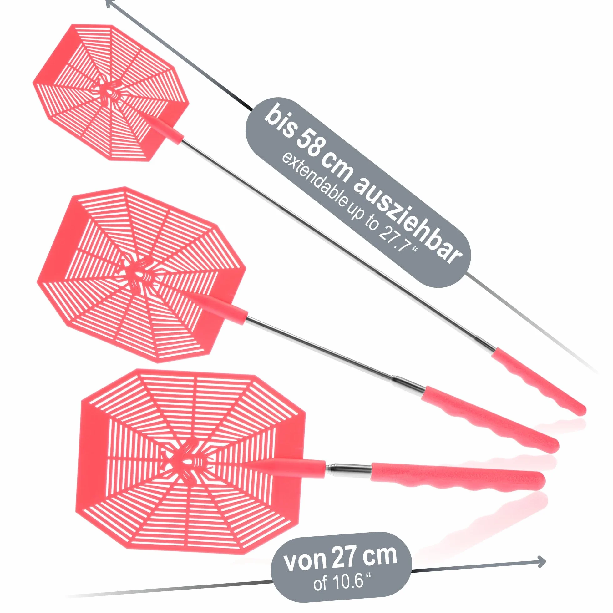 COM-FOUR® 3x packa na muchy z teleskopem, wysuwana 27-58 cm, teleskopowa packa do odstraszania much, os, komarów i innych owadów - stabilna packa na owady (003 sztuk niebieski zólty rózowy)