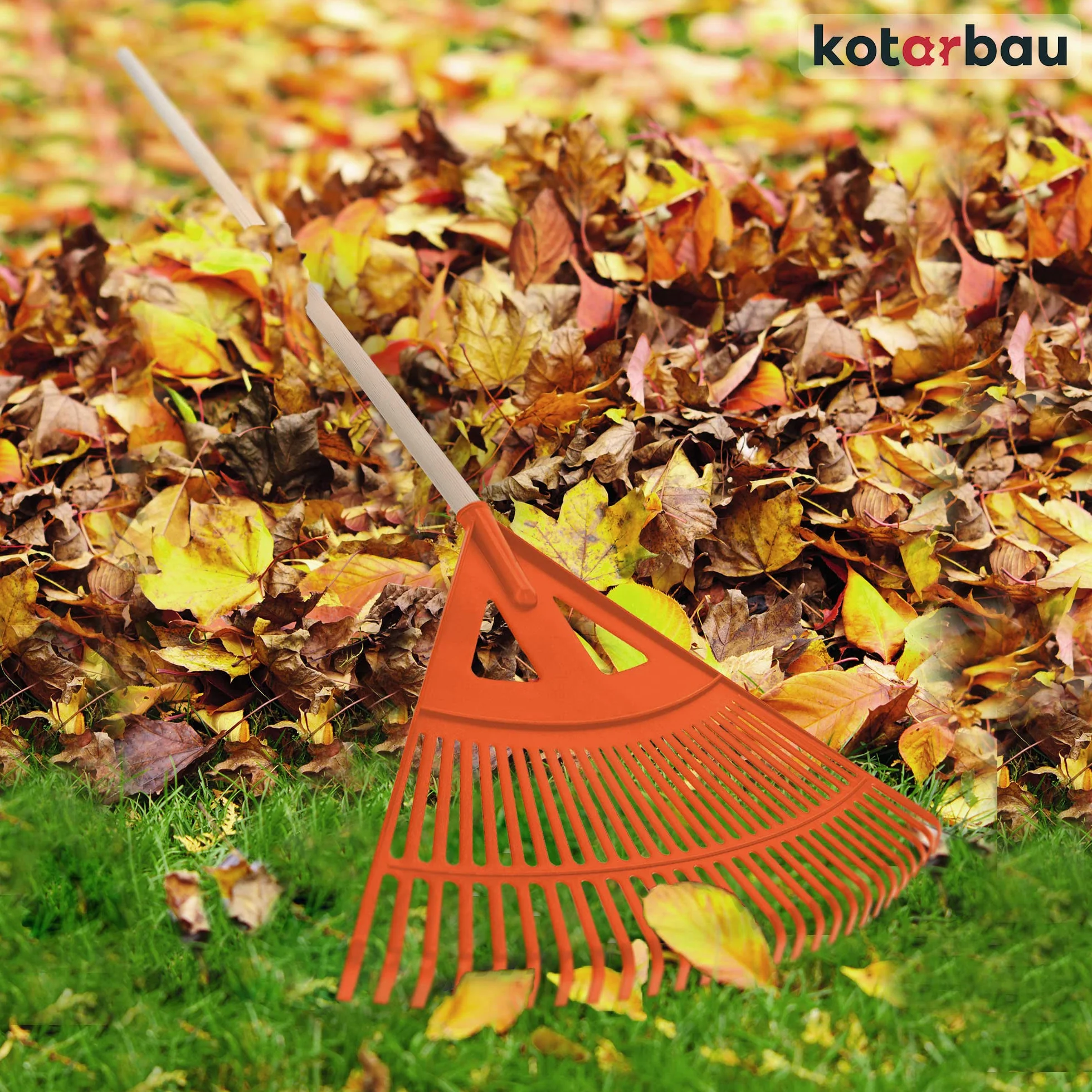 KOTARBAU® Grabie Wachlarzowe - 58 cm - Grabie do Liści Trawy - Plastikowe - Pomarańczowe - Drewniany Trzon