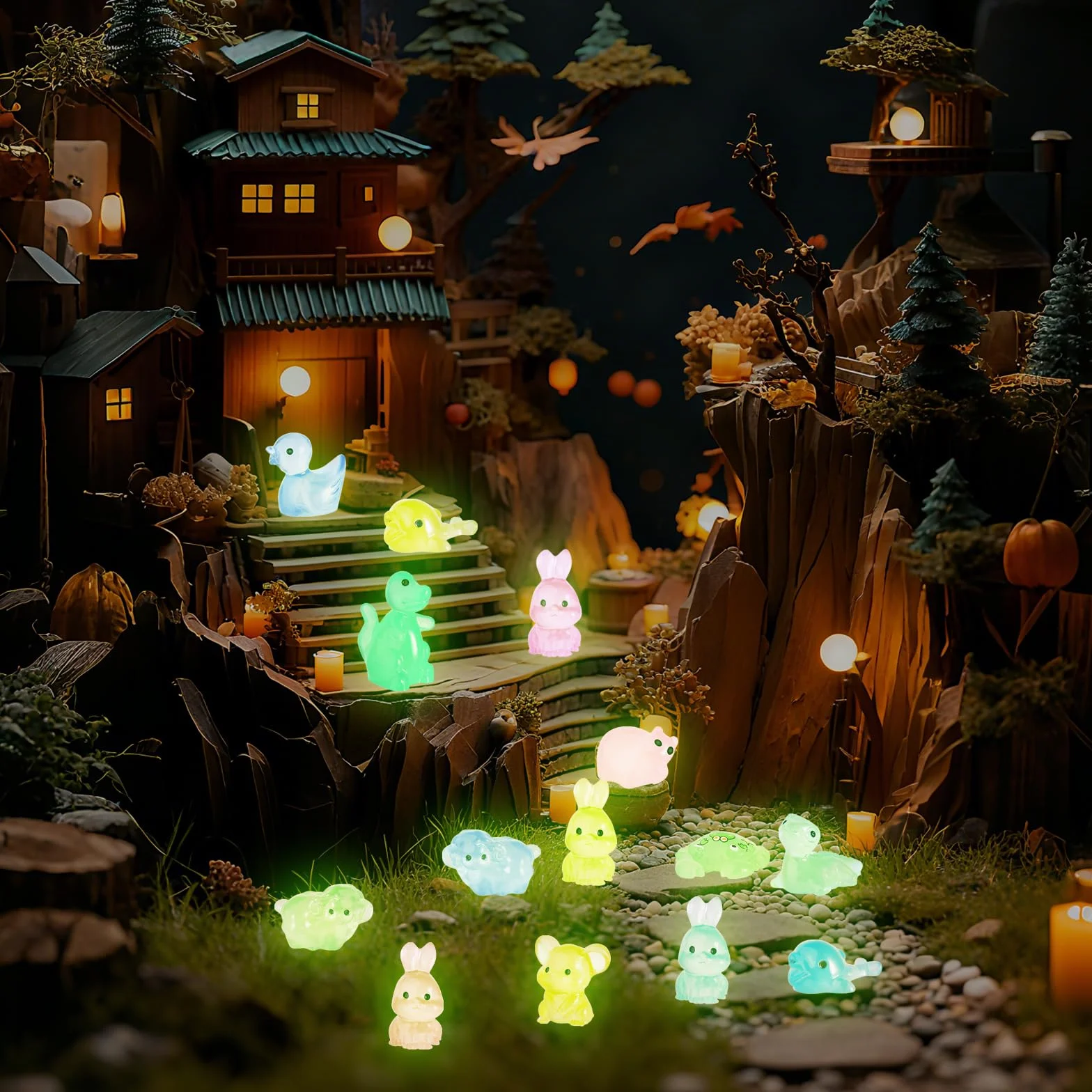 60 sztuk mini świecących zwierząt, małe figurki zwierząt, mini figurki z żywicy, kolorowe małe figurki zwierząt do miniaturowych ogrodów krajobrazowych, bonsai, basenów rybnych i akwariów