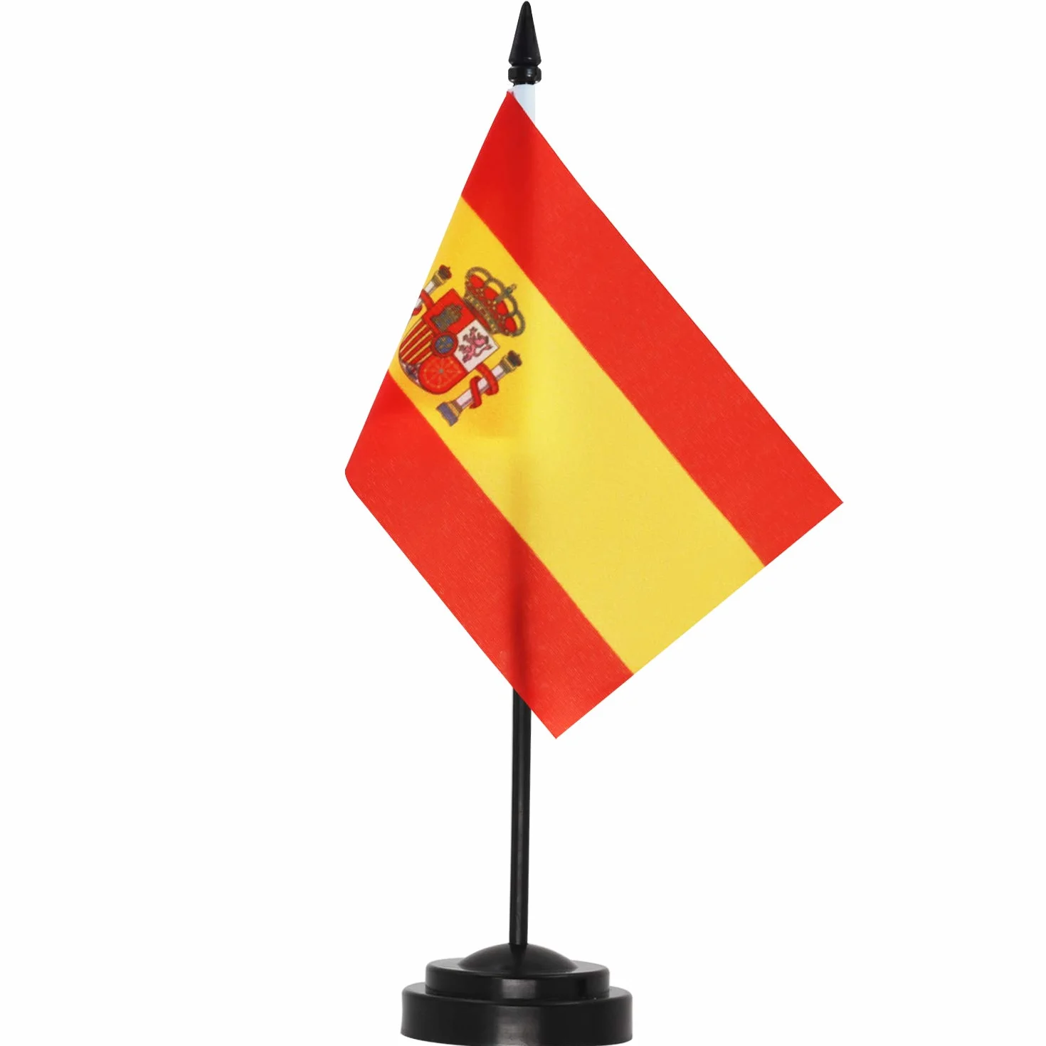 ANLEY Hiszpania Deluxe zestaw flag na biurko - 6 x 4 cale hiszpańska miniaturowa flaga na biurko z 12-calowym solidnym masztem - żywy kolor i odporność na blaknięcie - czarna podstawa i grot