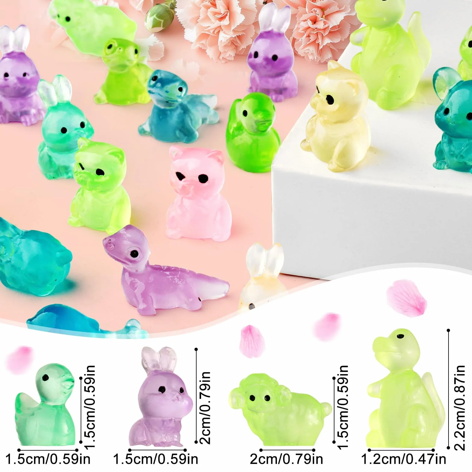 60 sztuk mini świecących zwierząt, małe figurki zwierząt, mini figurki z żywicy, kolorowe małe figurki zwierząt do miniaturowych ogrodów krajobrazowych, bonsai, basenów rybnych i akwariów