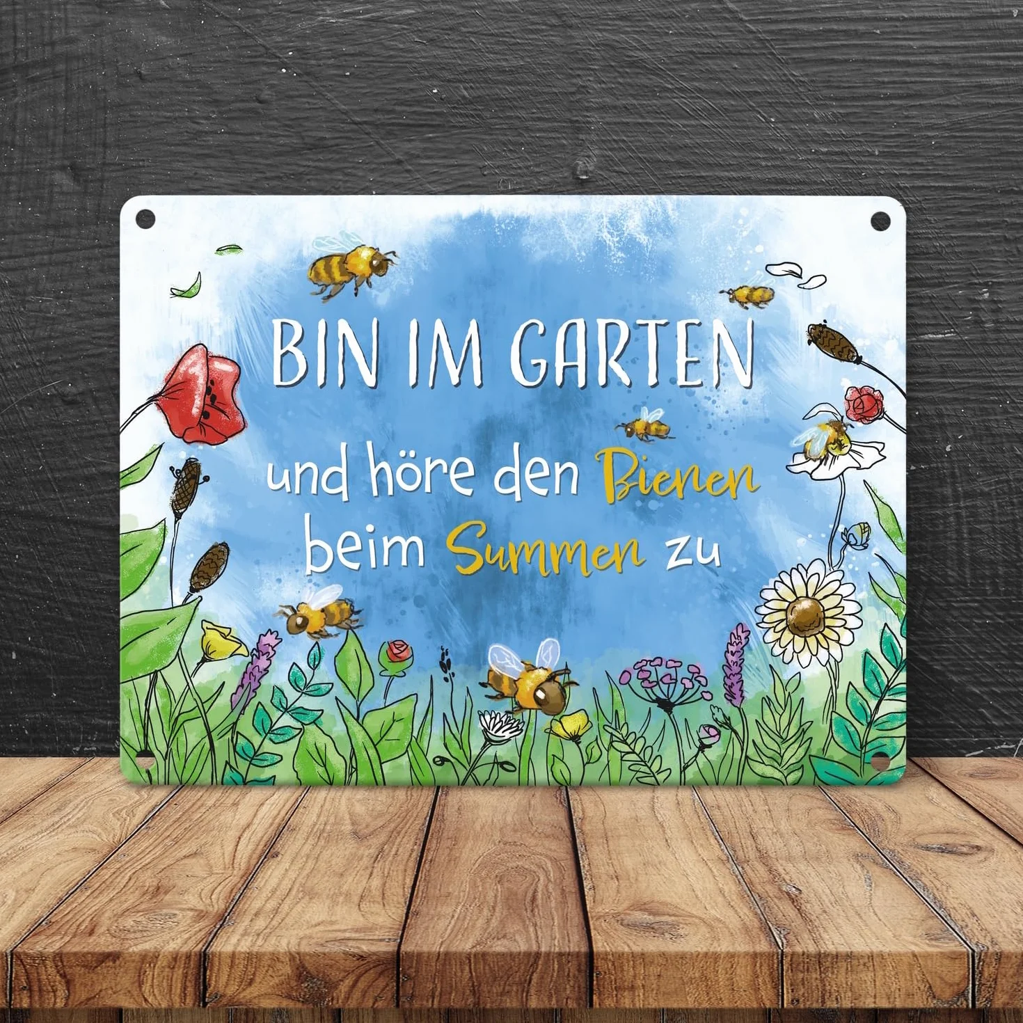 Jestem w ogrodzie metalowa tabliczka o wymiarach 15 x 20 cm z łąką kwiatową i pszczołami jako dekoracja ogrodu lub ogrodzenia ogrodowego na wiosnę