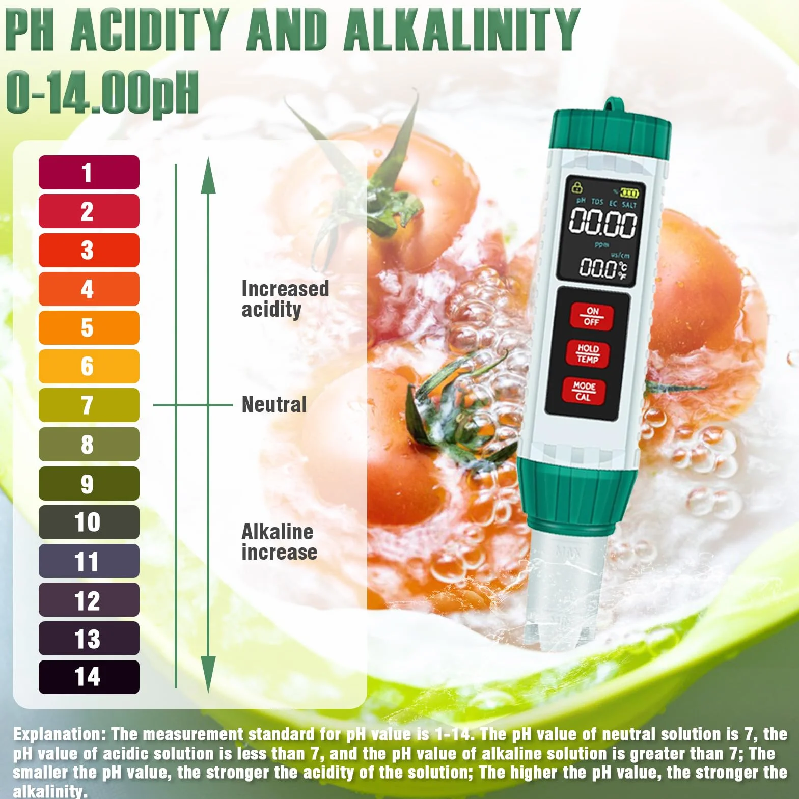 Miernik pH wody, 5 w 1 PH EC TDS zasolenie temperatura, cyfrowy tester basenu o wysokiej precyzji z wyświetlaczem LCD, miernik pH do wody pitnej, basenu, akwariów, hydroponiki i testów płynów
