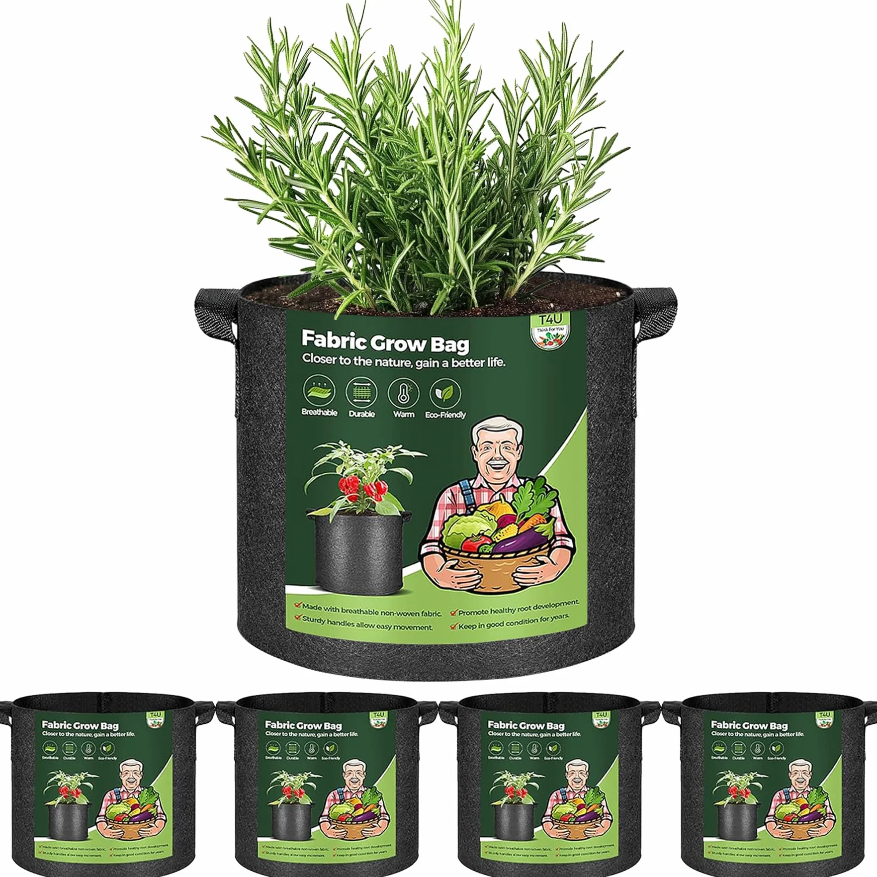 T4U 5 sztuk worków do sadzenia ziemniaków z włókniny 19 l, Ø 30 cm, z uchwytami do noszenia, wielokrotnego użytku, worki na ziemniaki, pomidory, kwiaty (czarny)
