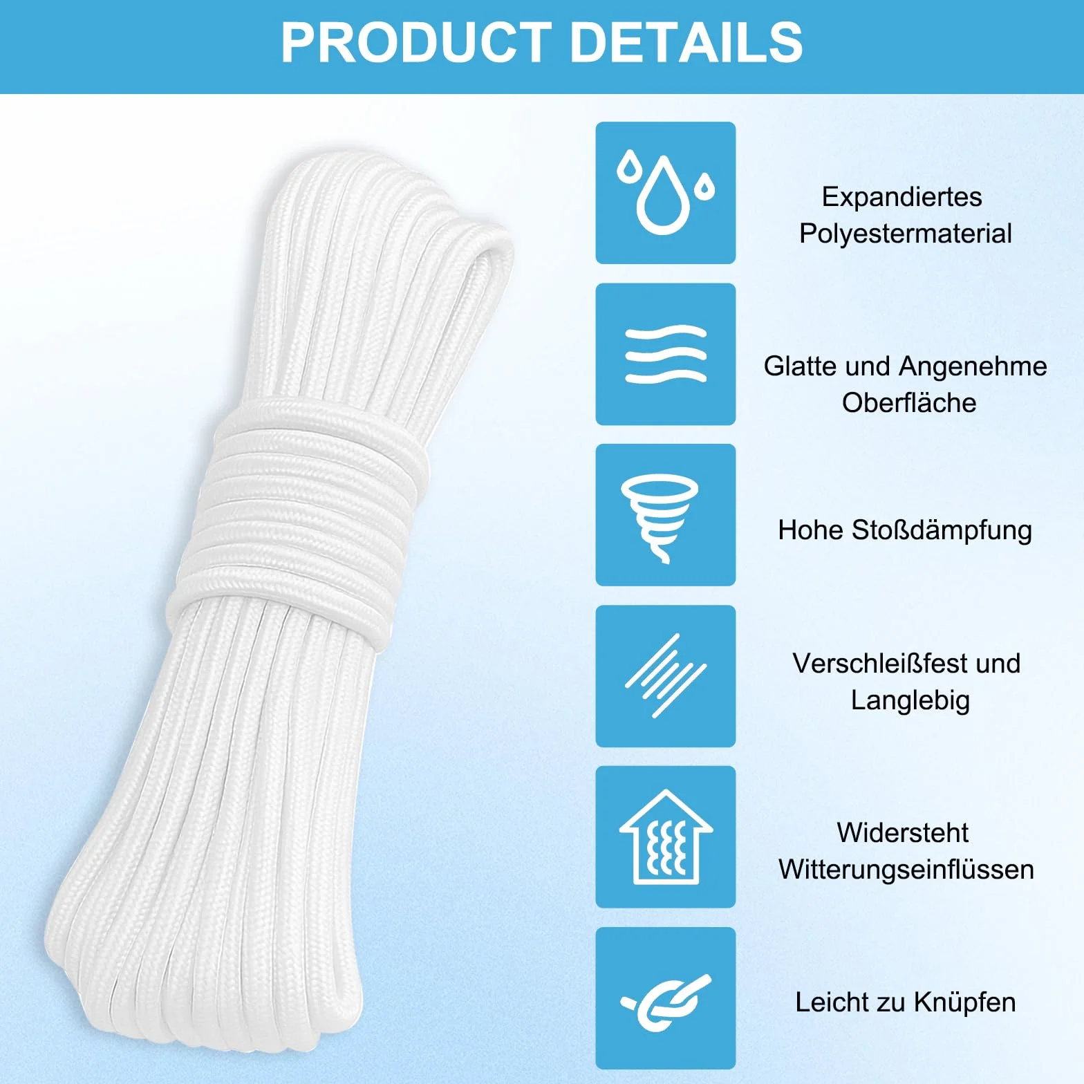 APOMOONS Corde Pour Drapeau 20 m 6 mm Polyester Résistant Avec Crochets Métal Jardin Camping Blanc