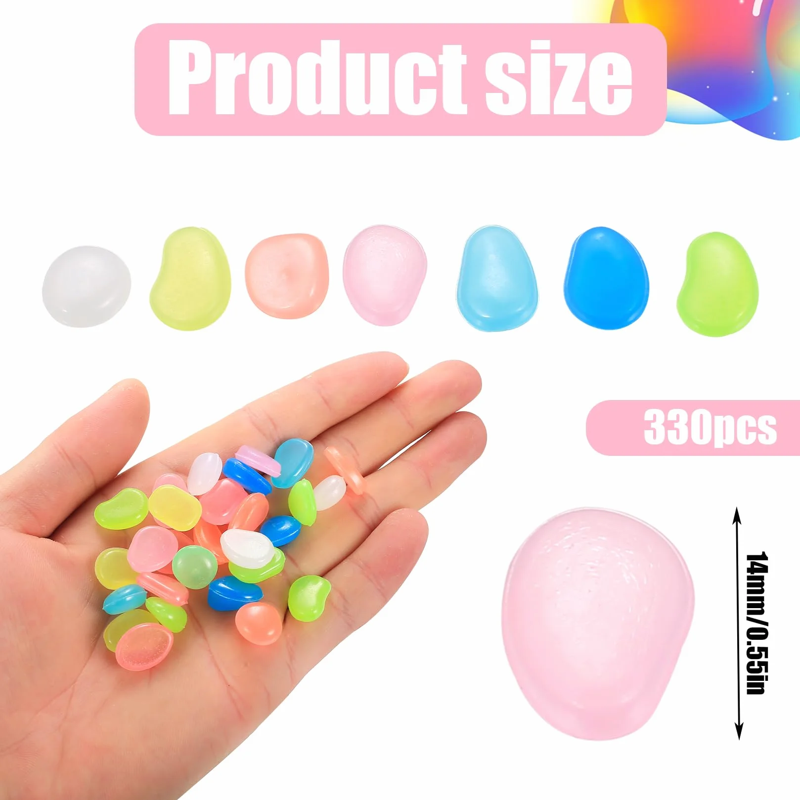 330 szt. Kolorowe Świecące Kamienie, Fluorescencyjne Kamyki Dekoracyjne do Ogrodu, Akwarium, Balkonu, Trawnika i Ścieżek. Idealne do tworzenia nastrojowej dekoracji w dzień i w nocy.