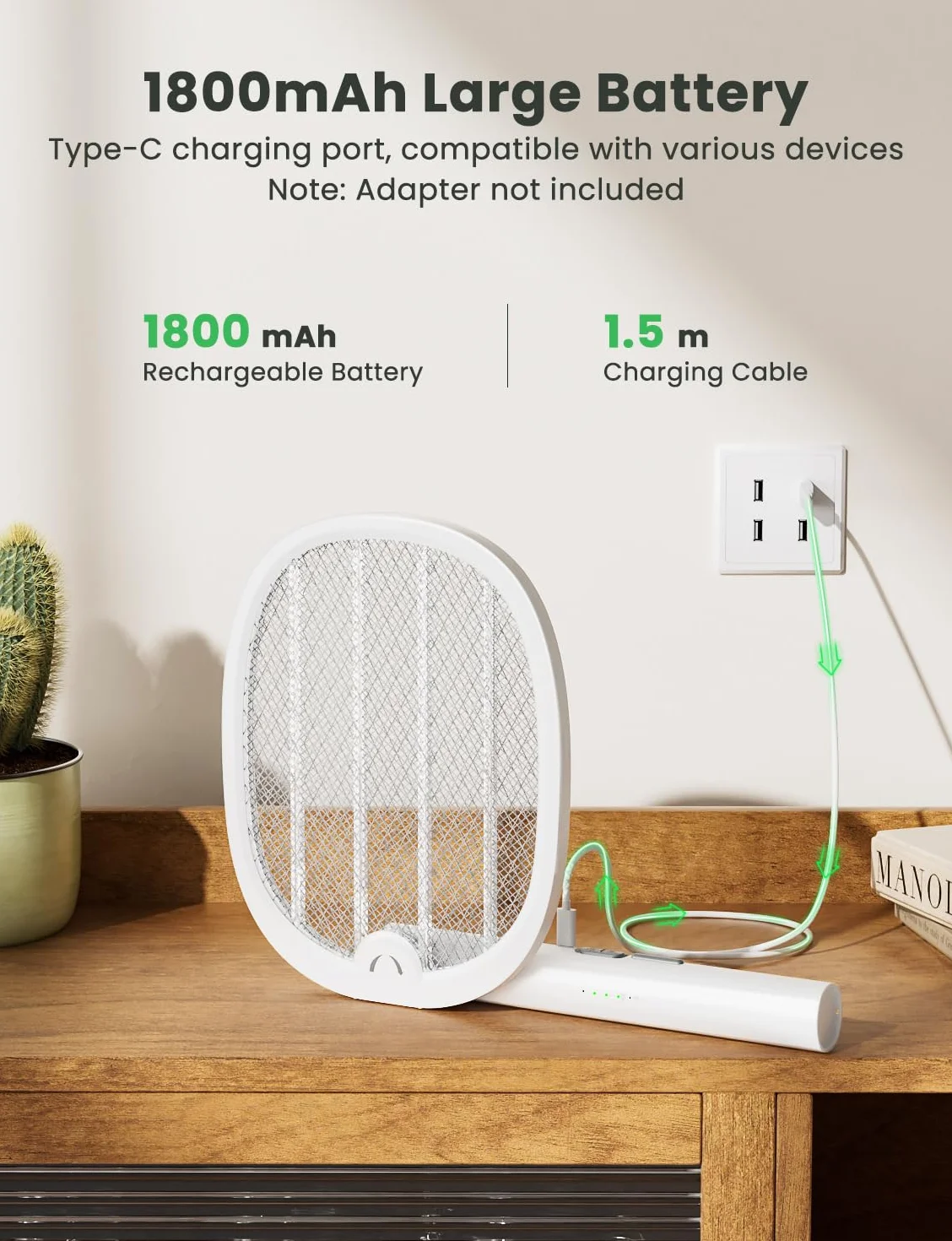 YISSVIC Rakieta elektryczna na owady Składana rakieta na komary 4000 V 1800 mAh Potężna elektryczna łapka akumulatorowa z kablem do ładowania USB-C przeciwko komarom na mole, biała
