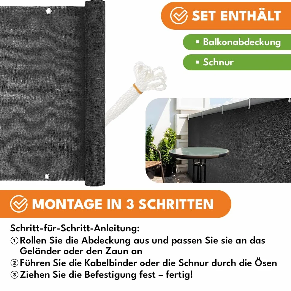 KRUMAD Osłona Balkonowa 1m x 5m, 95% Zacienienia, Ochrona Prywatności, PEHD 180g/m², Wodoodporna, Aluminiowe Przelotki, Trytytki, Sznurek