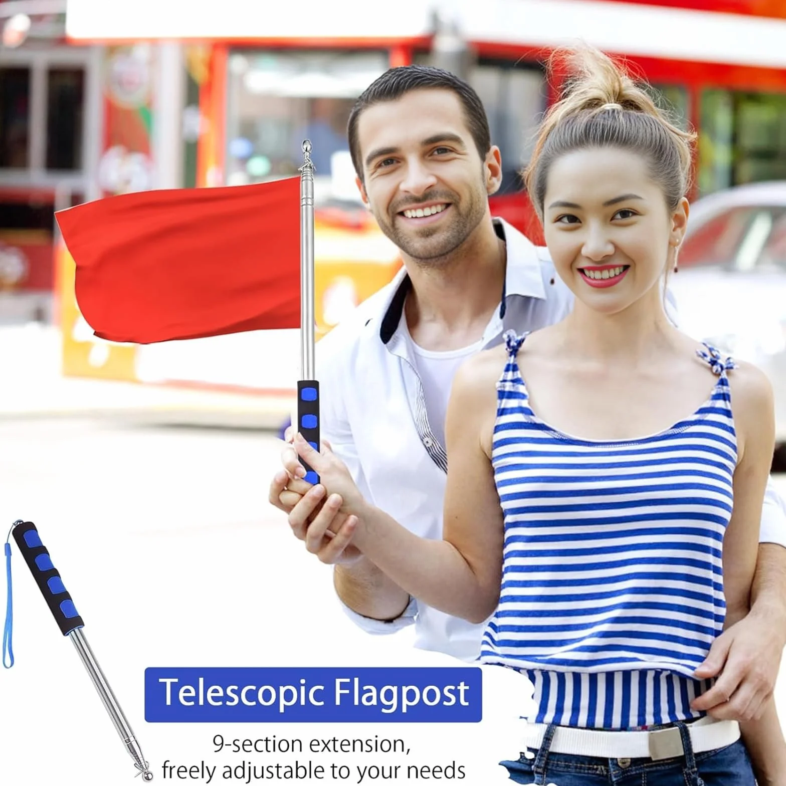 Teleskopowy maszt flagowy, 2 szt., 2 m, ręczny maszt flagowy ze stali nierdzewnej, wysuwany maszt flagowy i 4 haczyki na flagę, przenośny, chowany maszt flagowy dla nauczyciela, przewodnika, na