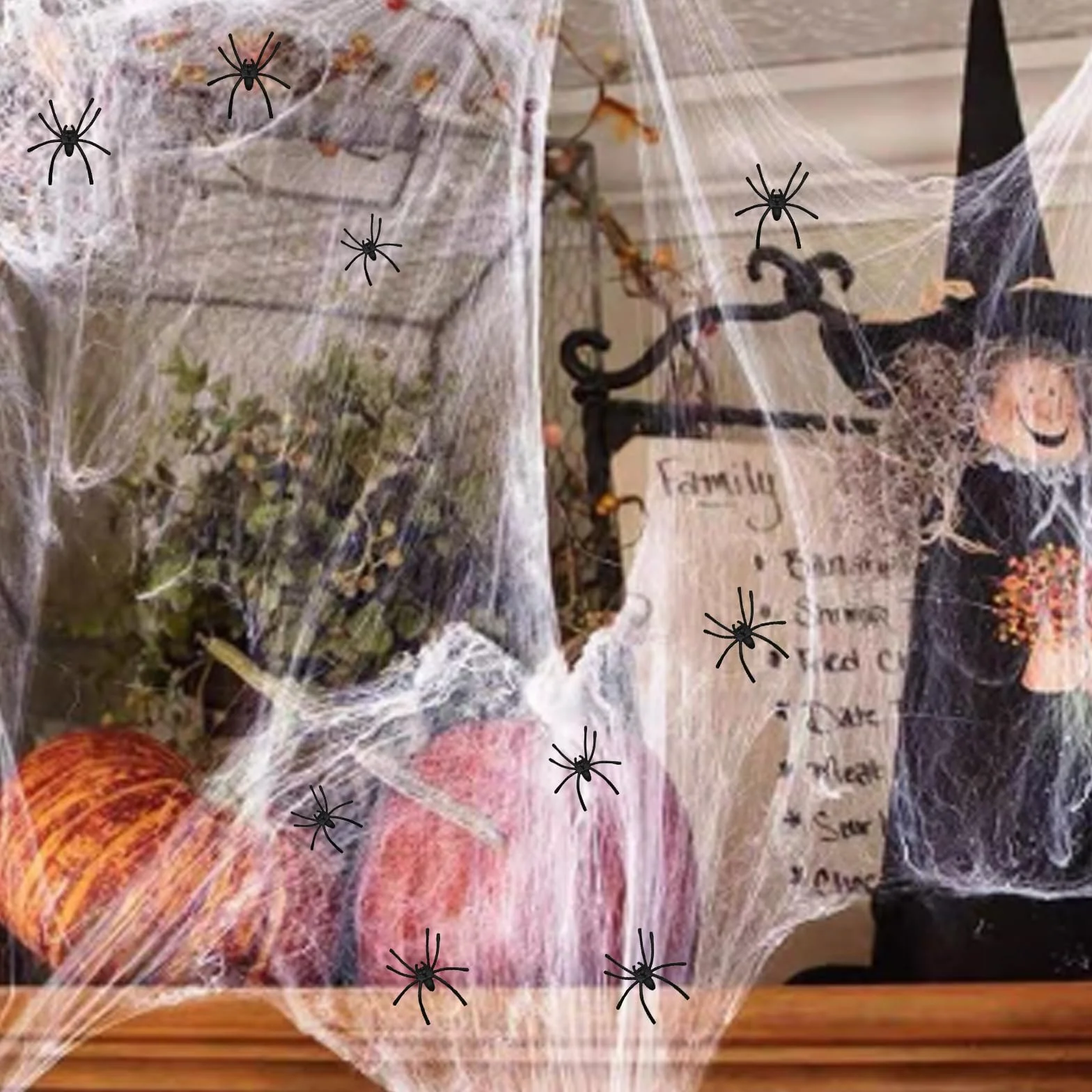 GWAWG Halloween pajęczyna 120 g, straszna dekoracja z 40 plastikowymi pająkami do domu, ogrodu lub na imprezę, dekoracja halloweenowa, pokrycie 40m²