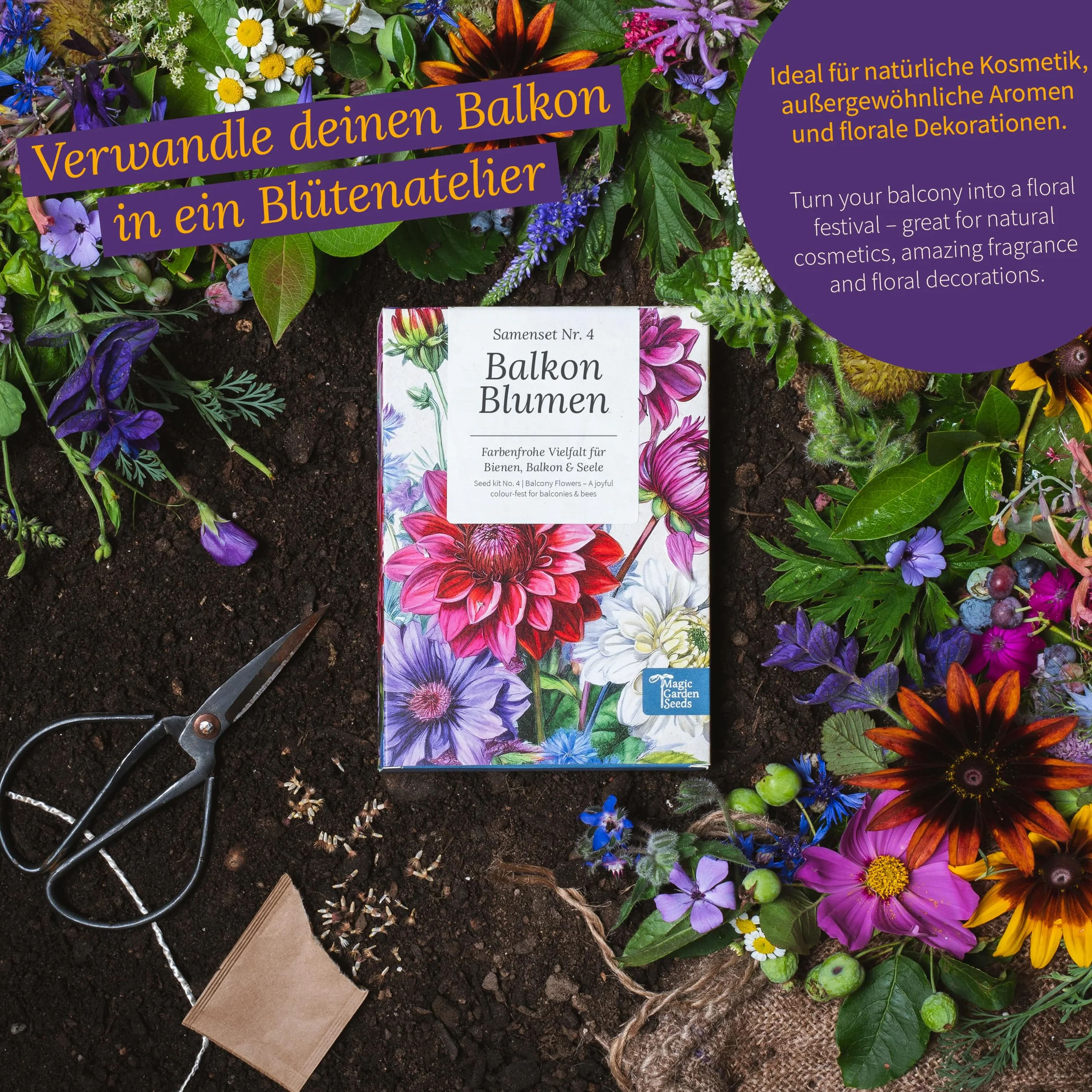 Magic Garden Seeds - Skrzynka z nasionami kwiatów balkonowych z 9 odmianami - letnie kwiaty i byliny na balkon i donice - przyjazne dla pszczół, pachnące i kolorowe - różnorodność kwiatów dla małych