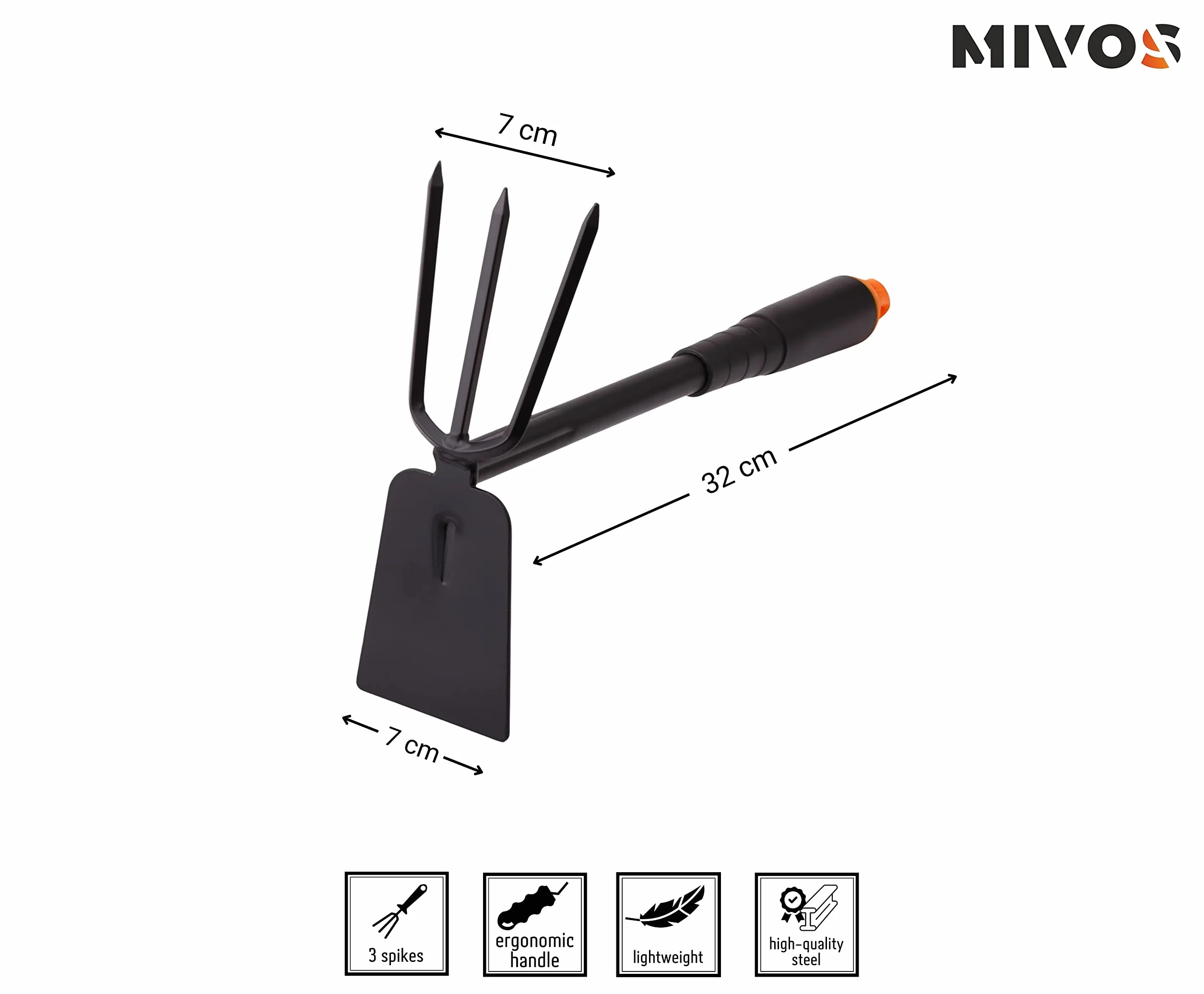 Mivos Motyka z 3 kolcami do uprawy i pielenia ziemi/Podwójna motyczka z 3 zębami/dwugłowicowa metalowa motyka do przesadzania, szerokość 7 cm