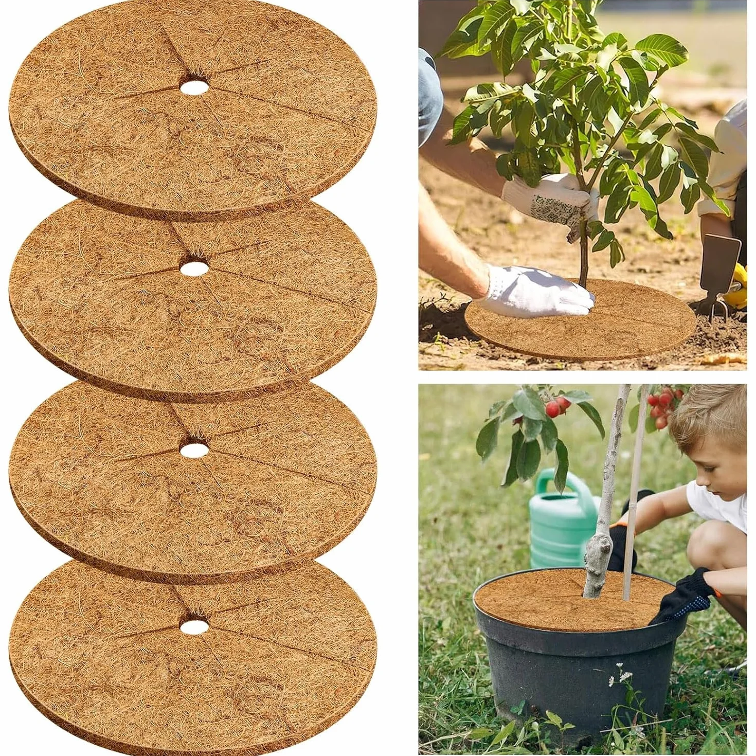 Płyta z włókna kokosowego 30 cm mulczowanie kokosowe 4 szt. Bezpieczne kokosowe ochrona roślin biodegradowalna ściółka kokosowa oddychająca mata do roślin i drzew zapobiega zamarzaniu chwastów (30 cm)
