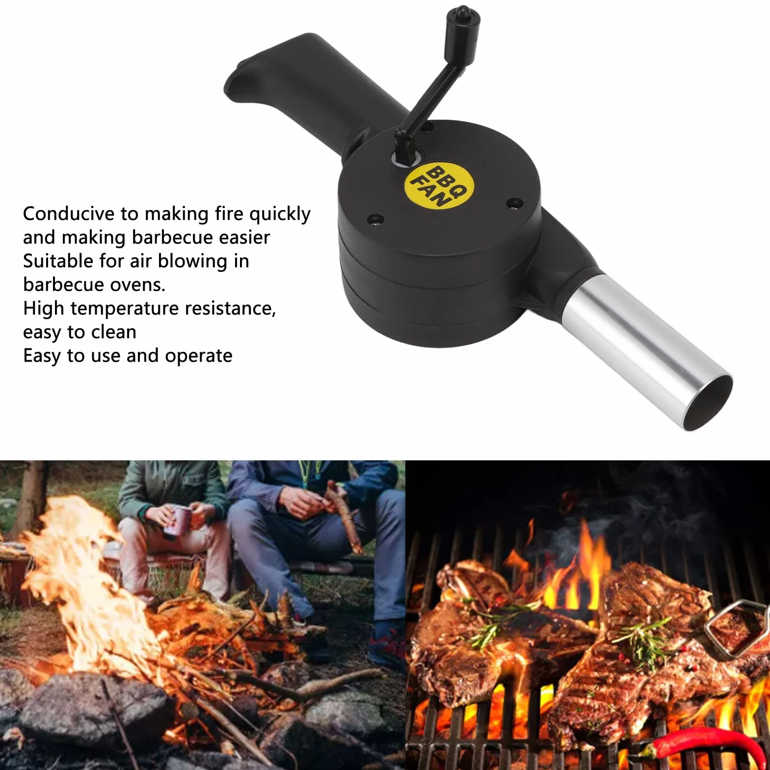 Mini ręczny wentylator korbowy, do gotowania na zewnątrz, dmuchawa powietrza, ręczna dmuchawa powietrza, przenośny grill, mieszek ogniowy, narzędzia do grillowania, piknik, kemping, akcesoria do grilla na węgiel drzewny, akcesoria, czarny