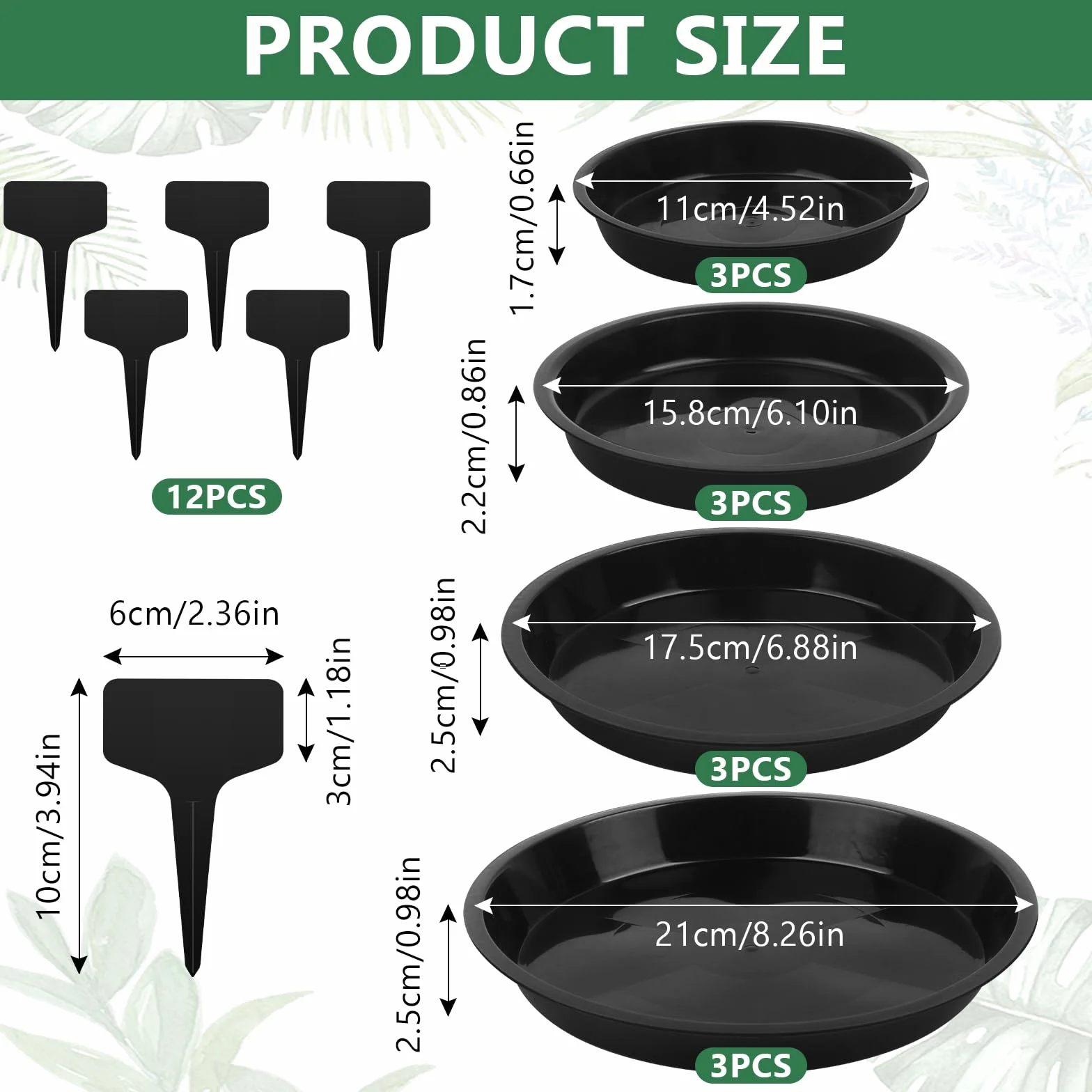 Podstawki pod doniczki, 12 sztuk, z etykietą, podstawki na kwiaty, okrągłe, 13,9/15,8/17,8/21 cm, plastikowe podstawki do roślin wewnętrznych i zewnętrznych