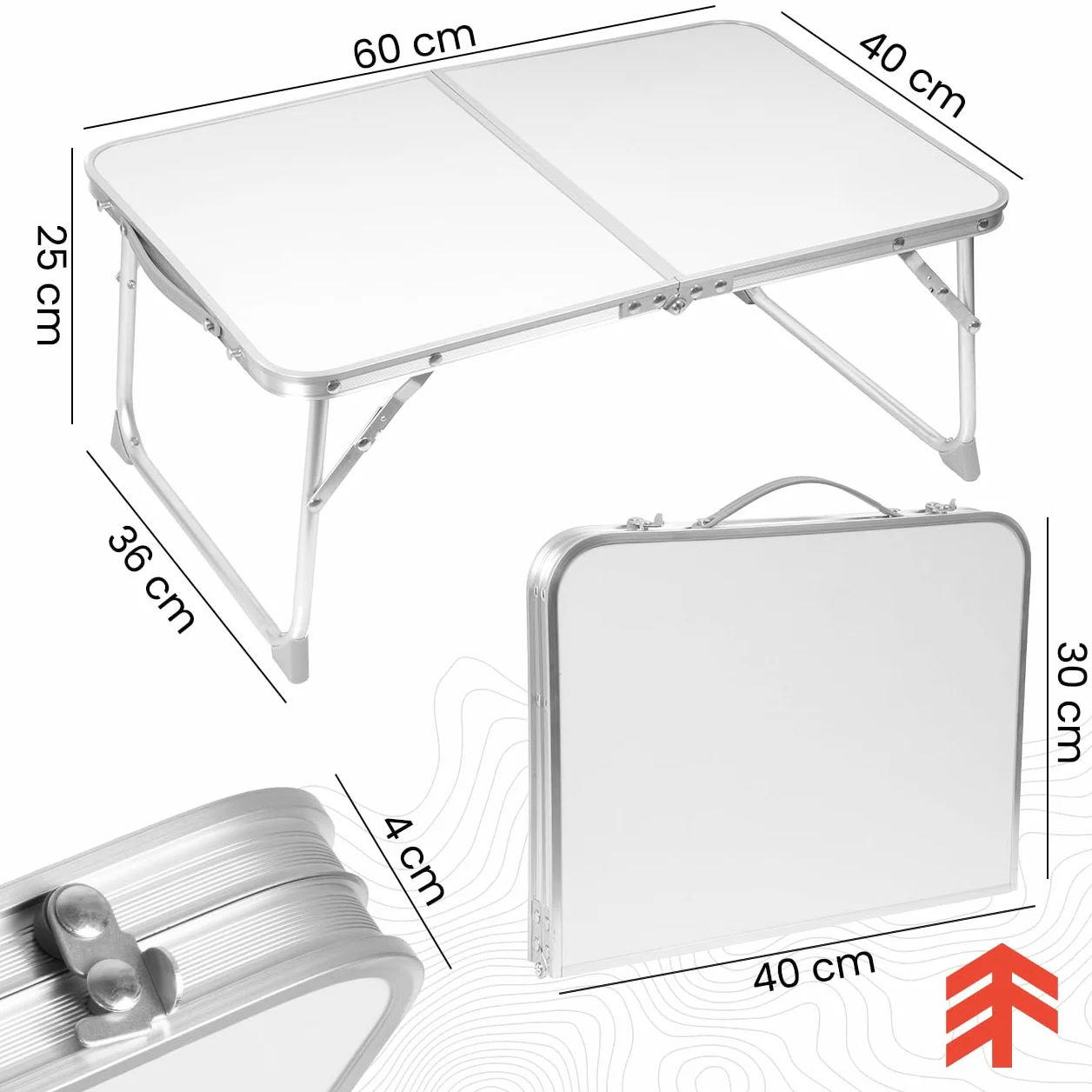MalTec Stół kempingowy, składany stół w walizce, 60 x 40 x 25 cm, biały stół ogrodowy z aluminium i płyty MDF, na piknik