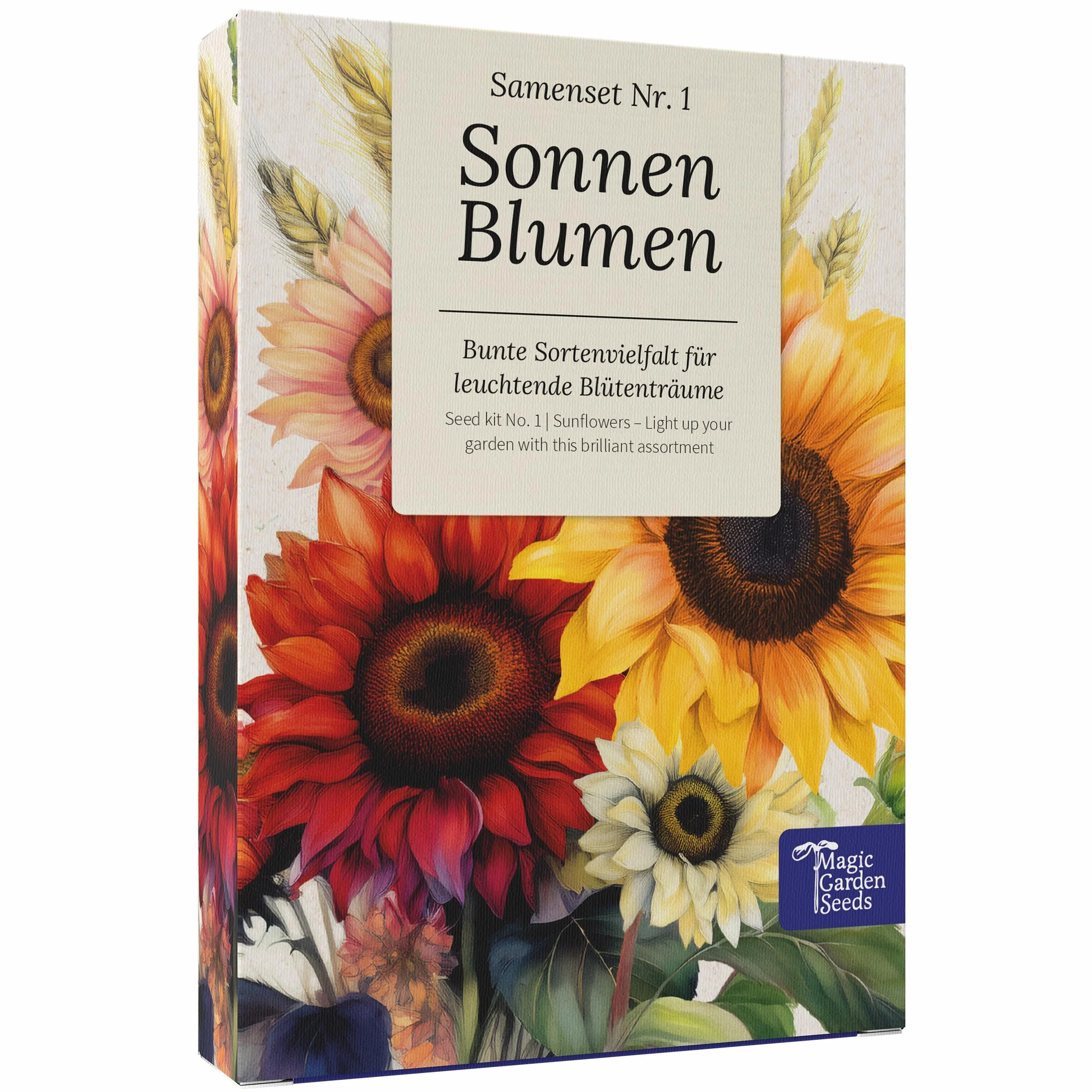 Magic Garden Seeds - Pudełko na nasiona słoneczników z 6 rodzajami – kolorowe i klasyczne słoneczniki do ogrodu, na doniczkę i balkon – wystarczy wysiewać i cieszyć się kwitnącą radością
