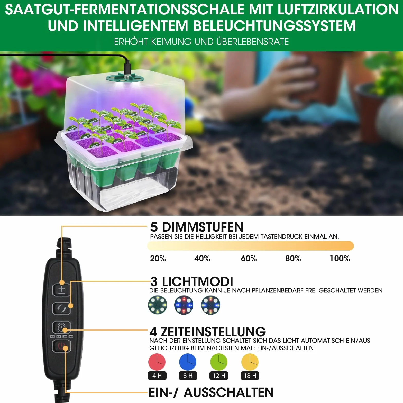 MYMULIKE Silikonowa taca do kiełkowania ze światłem uprawy, 5 sztuk 60 komórek do sadzonek mini szklarnia propagator z regulacją jasności wzrostu