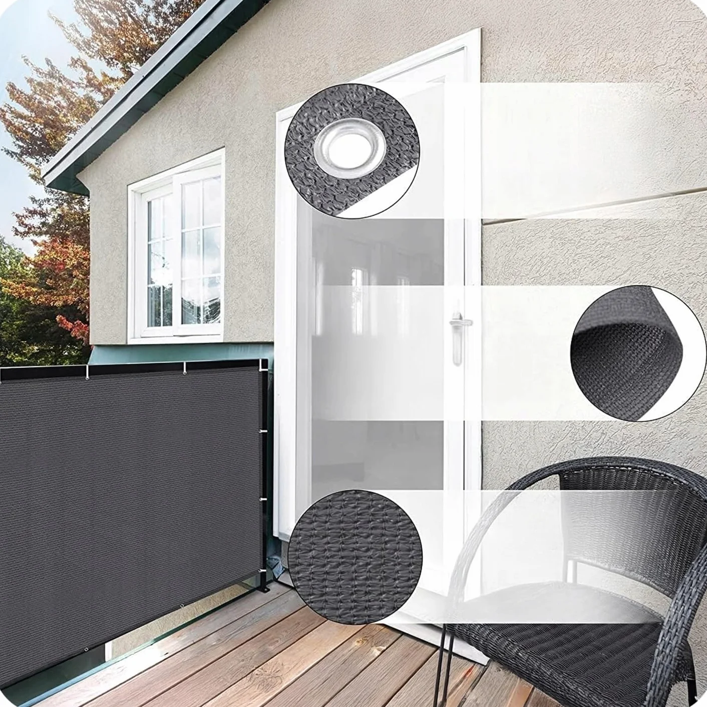 KRUMAD Osłona Balkonowa 1m x 5m, 95% Zacienienia, Ochrona Prywatności, PEHD 180g/m², Wodoodporna, Aluminiowe Przelotki, Trytytki, Sznurek