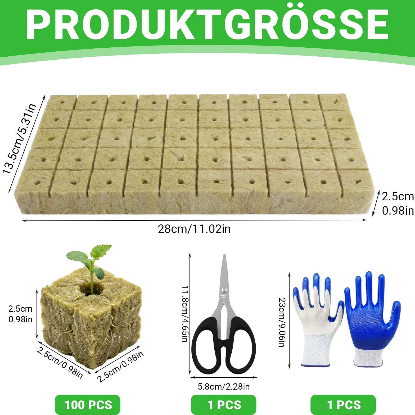 100 sztuk wełny mineralnej, 25 x 25 x 25 mm, Rockwool Cube z nożyczkami, rękawice, Easy Plug kostki do uprawy wełny kamiennej, zestaw do uprawy sadzonek, sadzonek, bezdennych