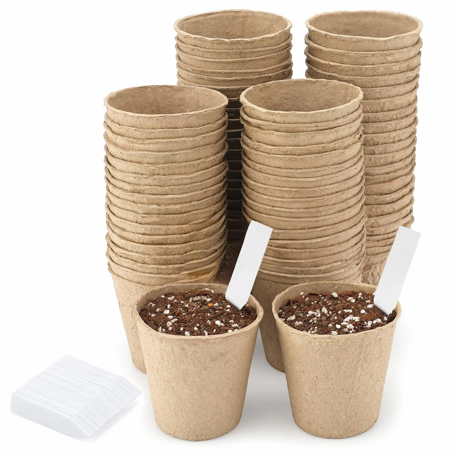 KINGLAKE 100 szt. 8 cm doniczki z włókna, biodegradowalne doniczki na sadzonki z 100 szt. plastikowych etykiet na rośliny, 1 x 5 cm