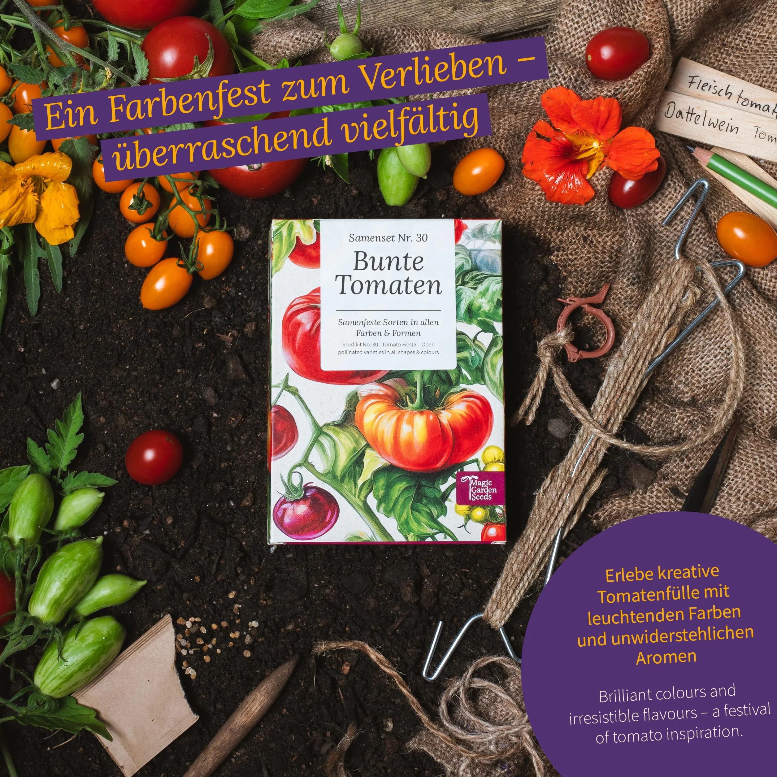 Magic Garden Seeds - Kolorowa skrzynka nasion pomidorów z 9 odmianami - pomidory koktajlowe, mięsiste i sałatowe w kolorze żółtym, czerwonym, fioletowym - zestaw nasion pomidorów odpornych na nasiona