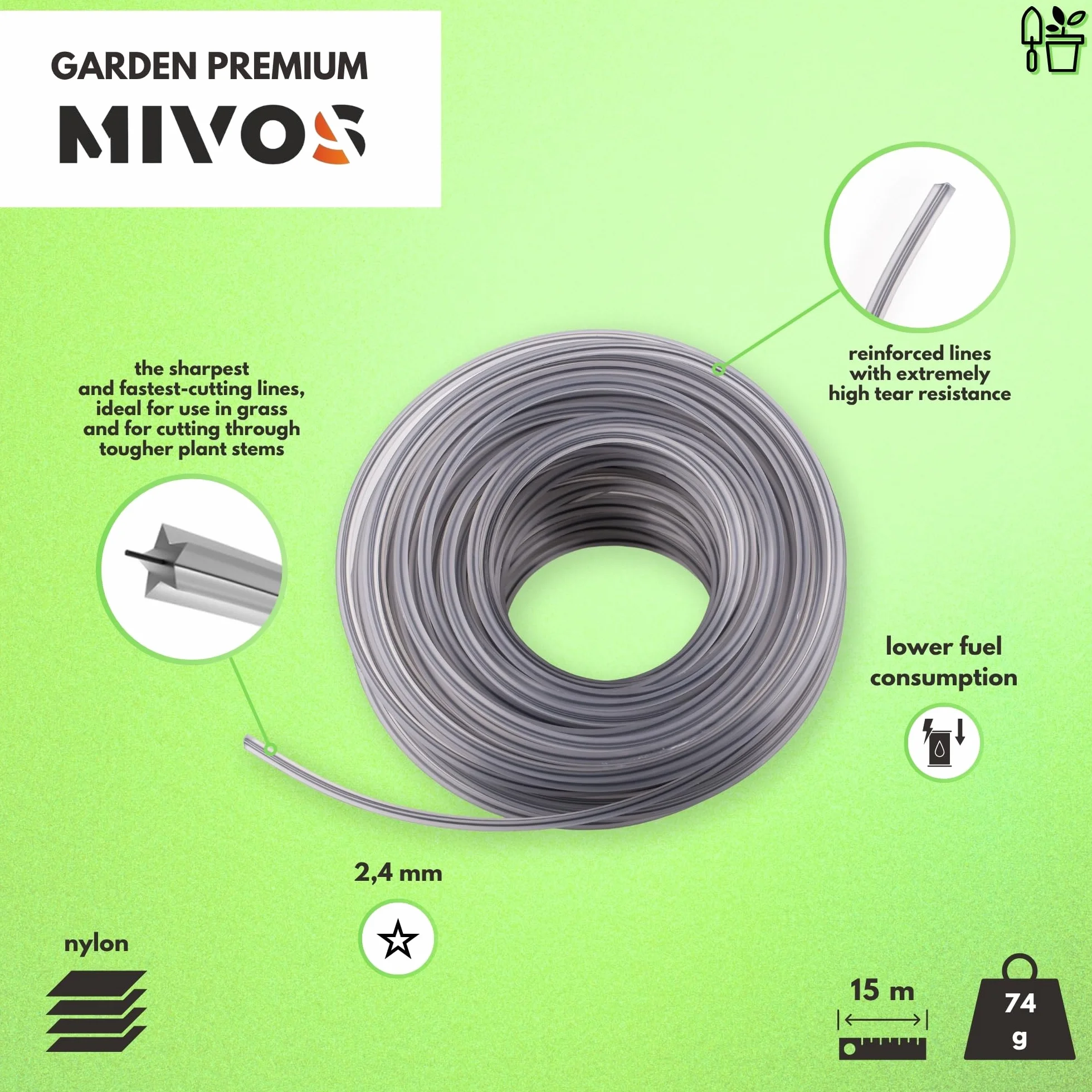 MIVOS Żyłka tnąca zbrojona 2,4 mm x 15 m - nitka do koszenia w kształcie gwiazdy, nitka do podkaszarki - szpule do podkaszarki - nitki do koszenia trawy, chwastów - ogrodnictwo