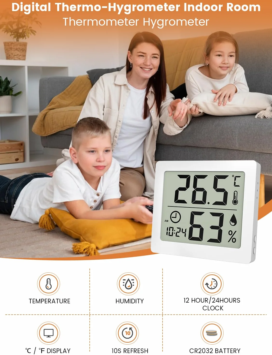 Higrometr wewnętrzny termometr 3,1 cala Duży ekran LCD Monitor temperatury i wilgotności otoczenia Termohigrometr z zegarem (biały)